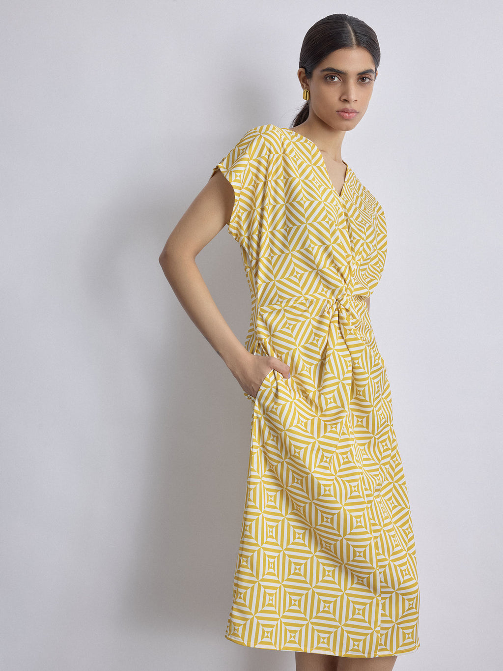 Mustard Geo Print Twist Knot Dress