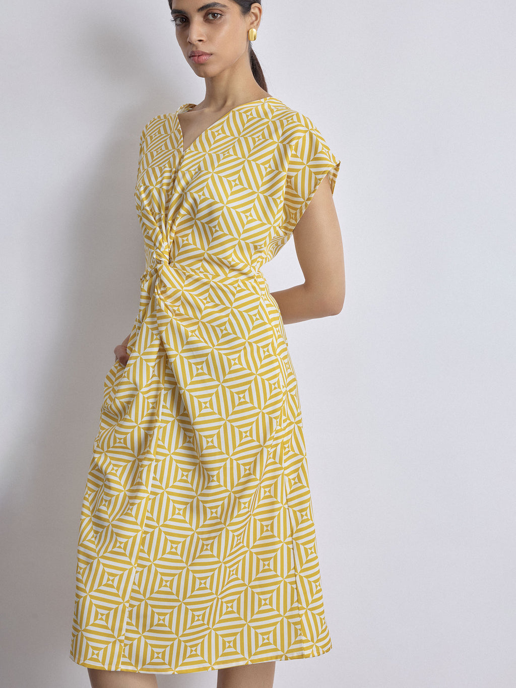 Mustard Geo Print Twist Knot Dress