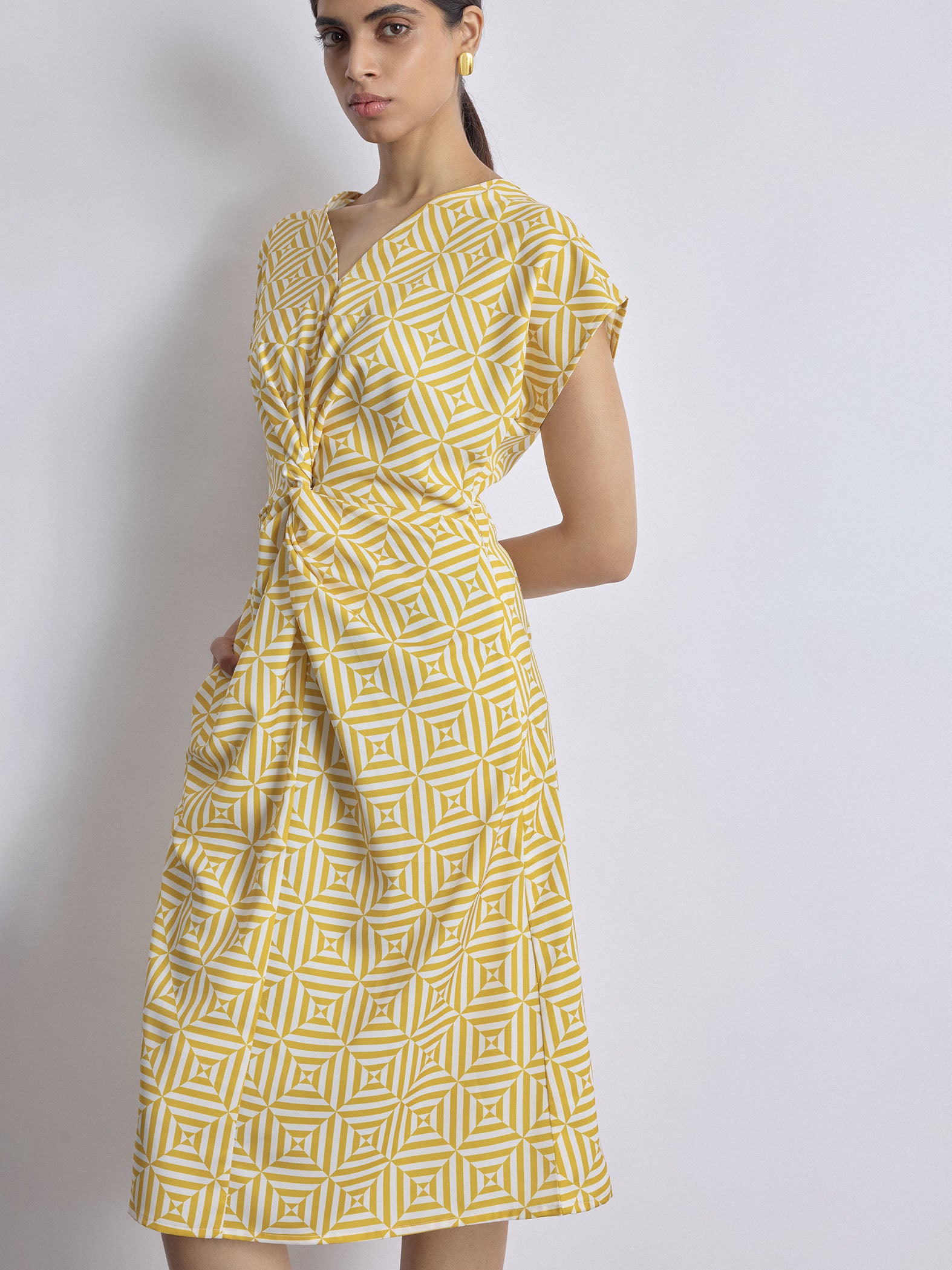 Mustard Geo Print Twist Knot Dress