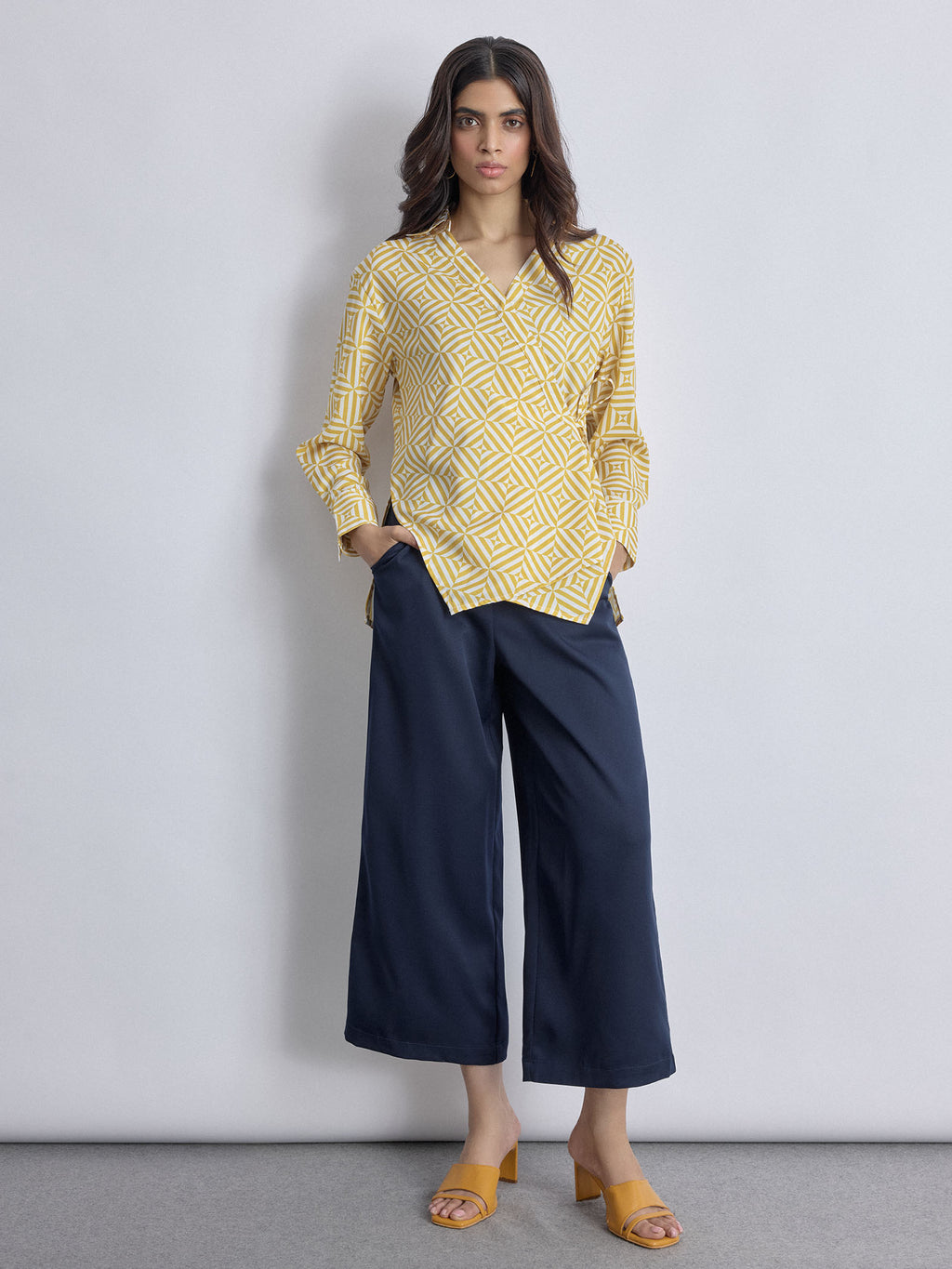 Mustard Geo Print Wrap Blouse