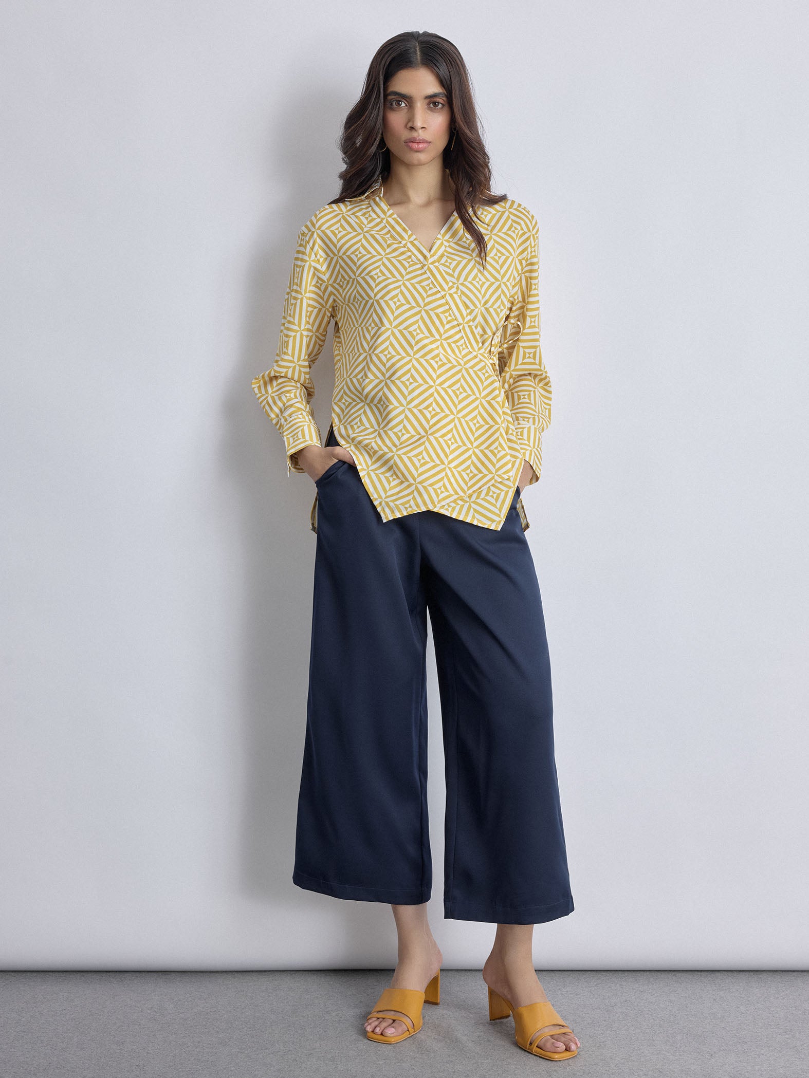 Mustard Geo Print Wrap Blouse