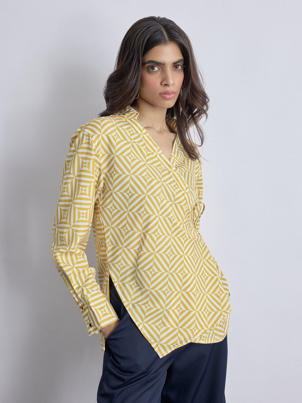 Mustard Geo Print Wrap Blouse