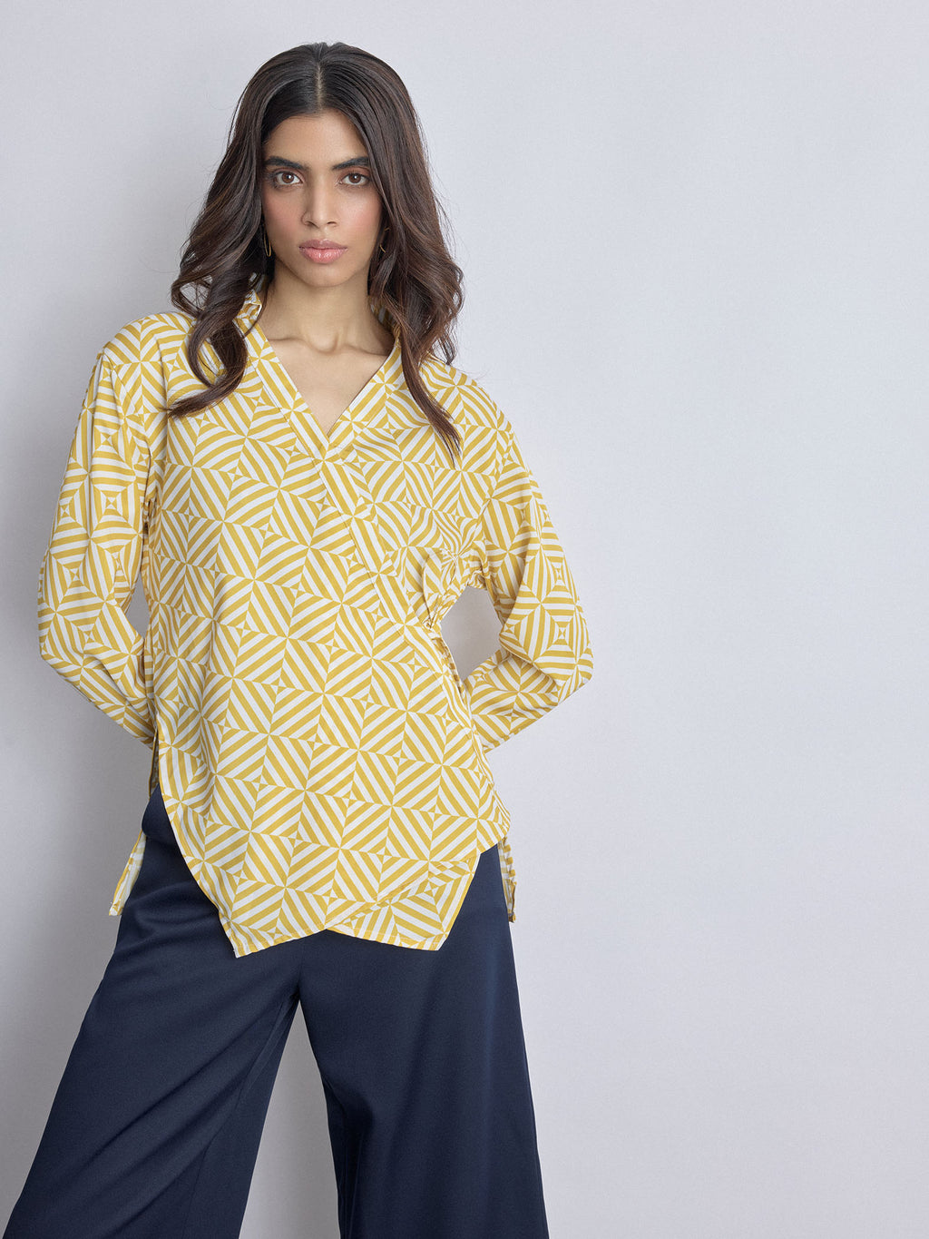 Mustard Geo Print Wrap Blouse
