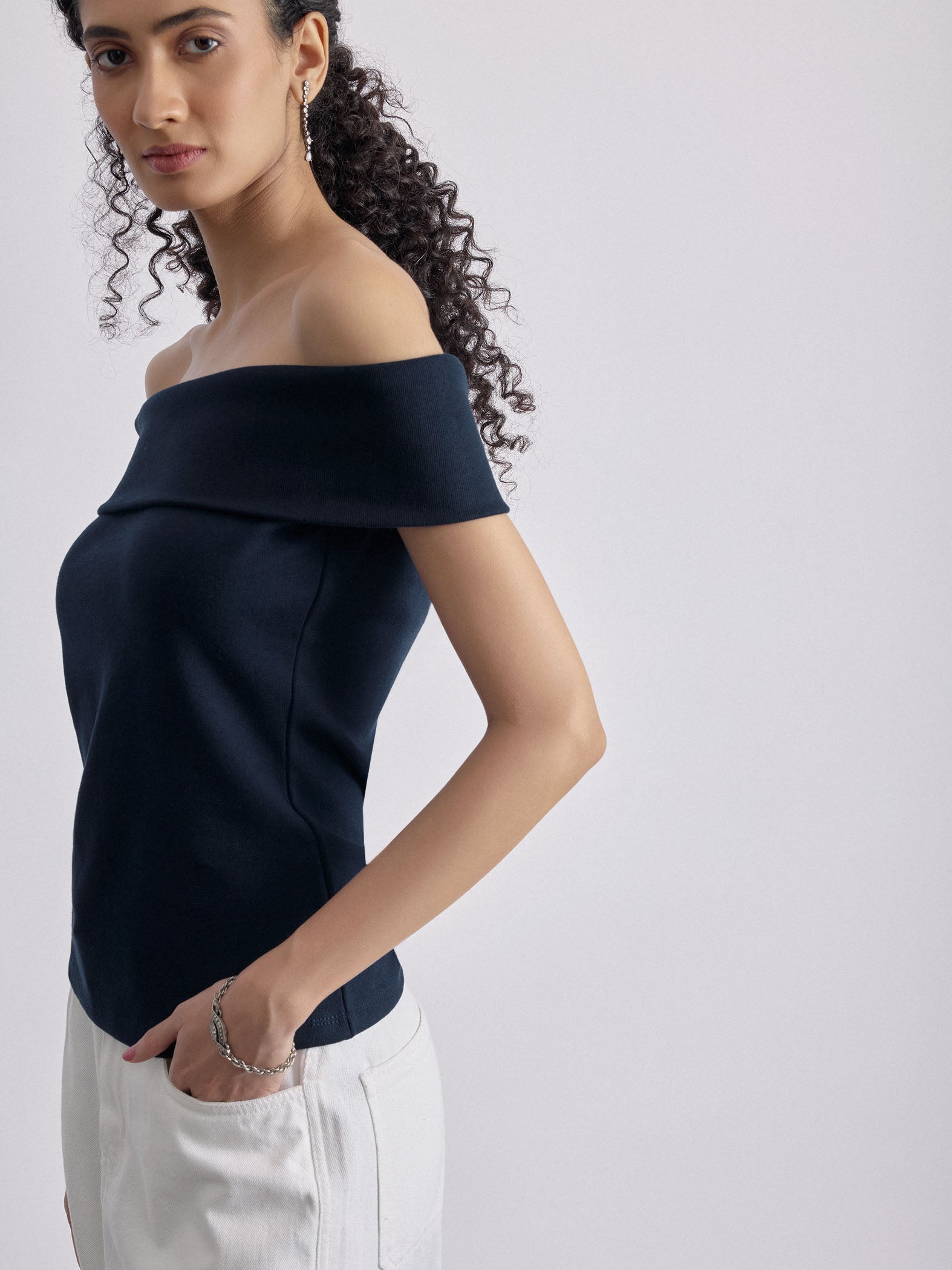 Navy Knit Off Shoulder Top