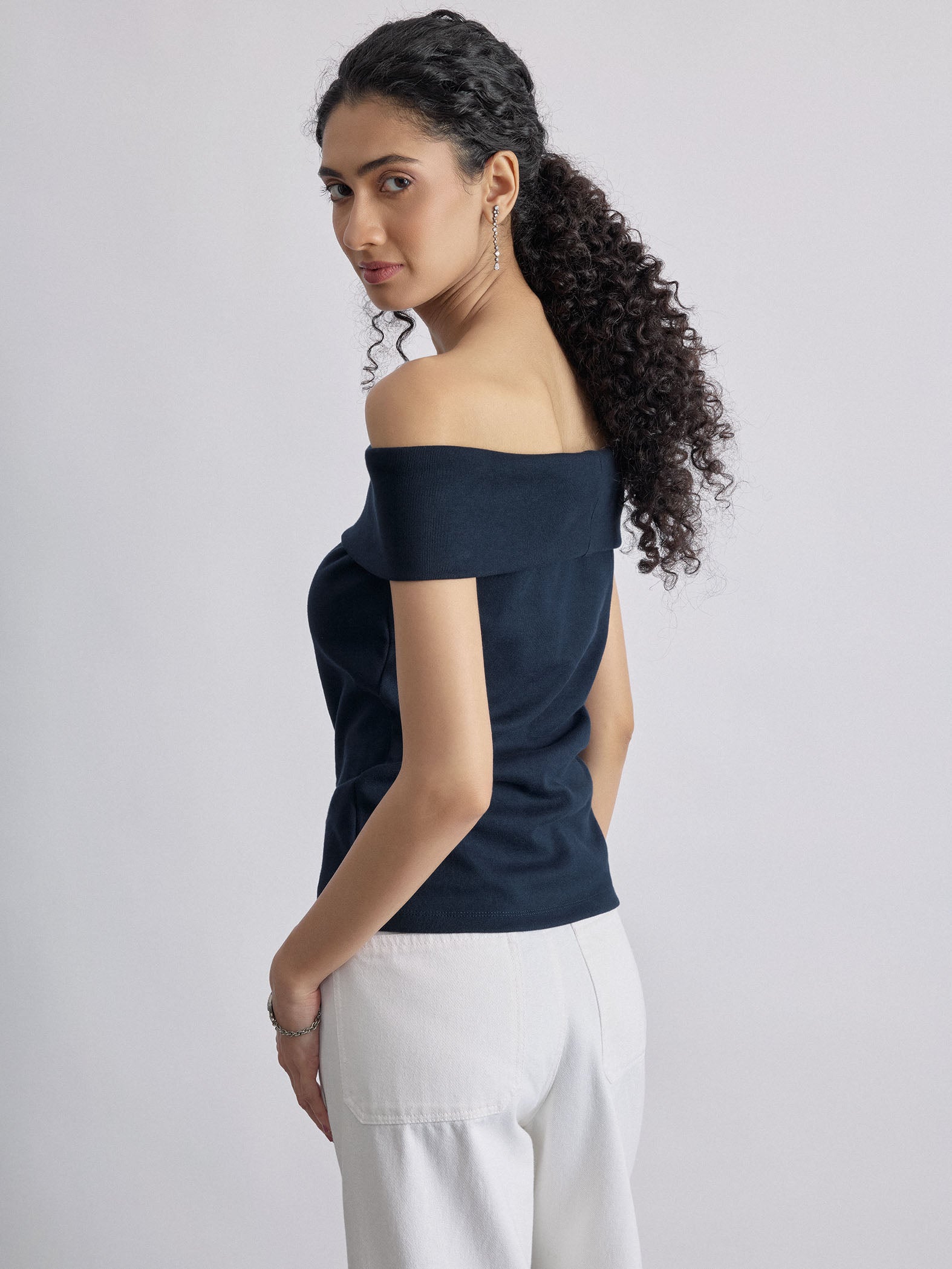 Navy Knit Off Shoulder Top
