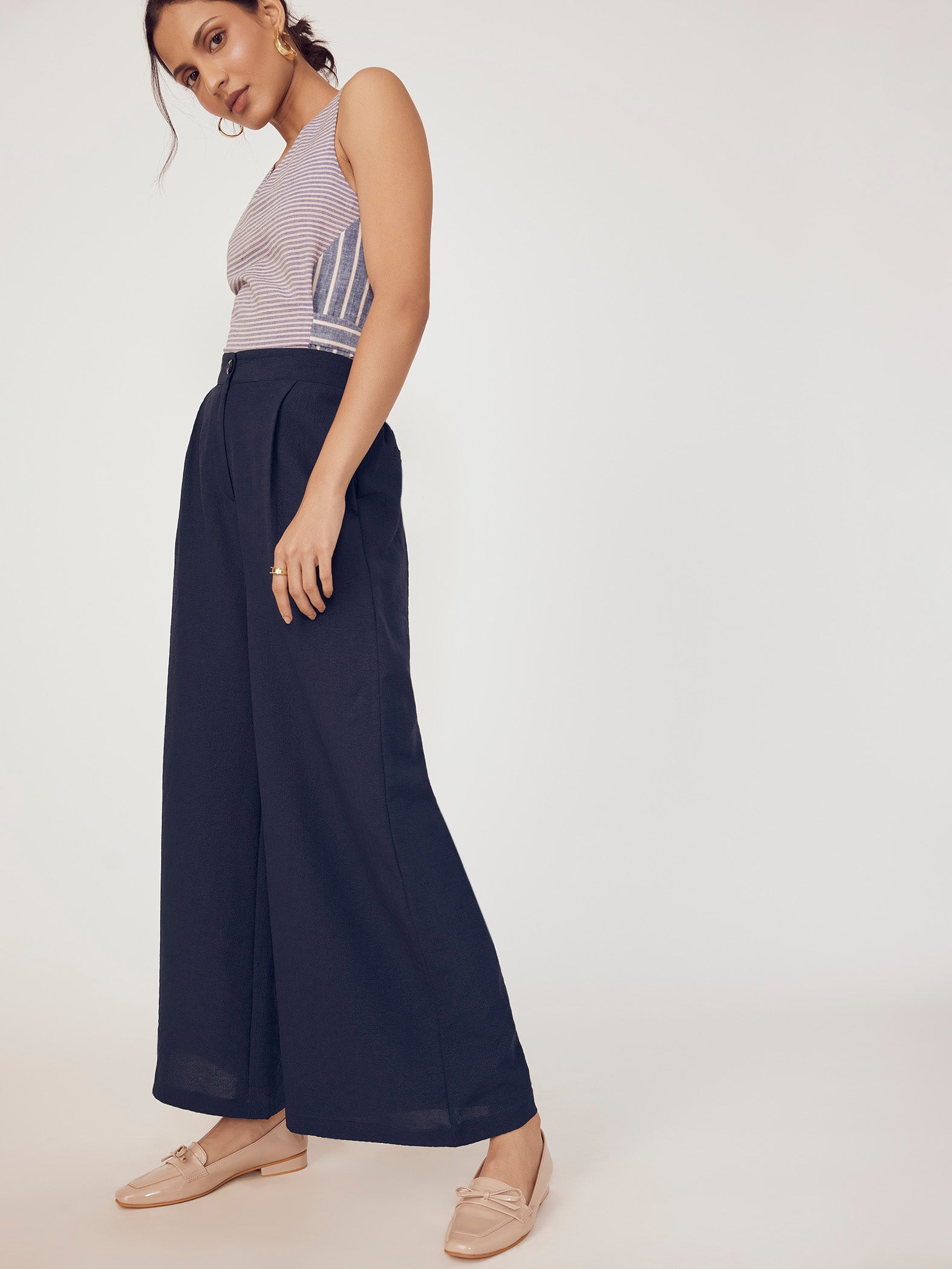 Navy Pleated Flare Trousers
