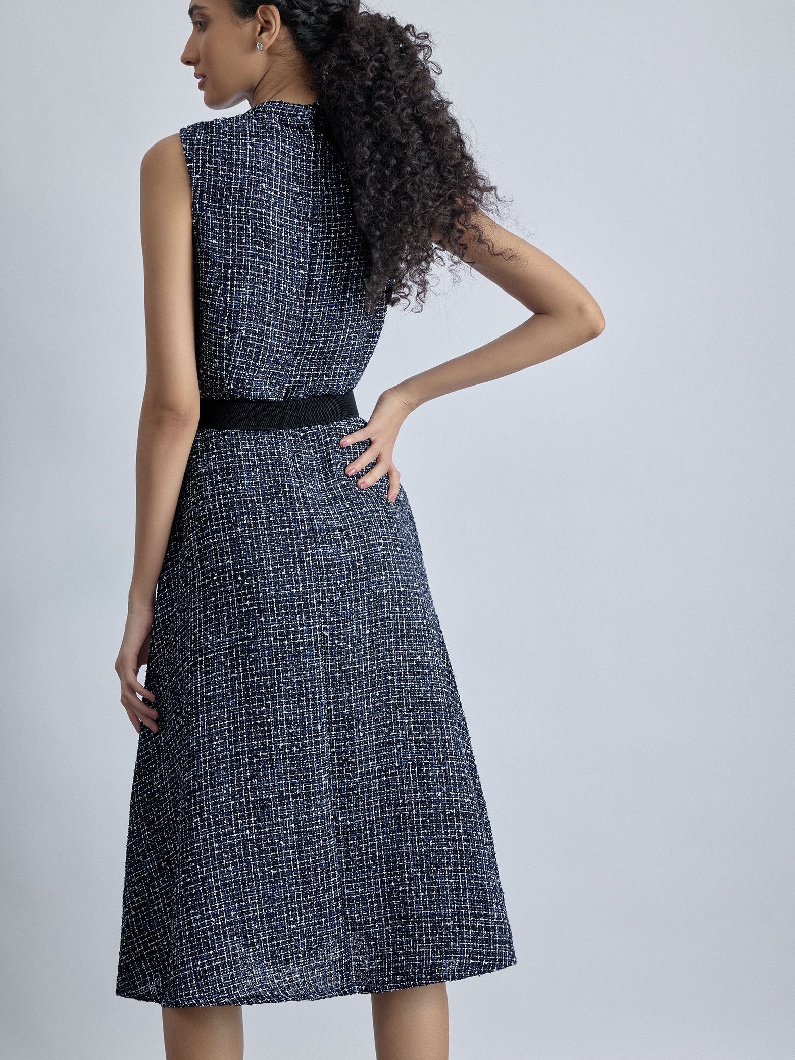 Navy Tweed Belted Midi Dress