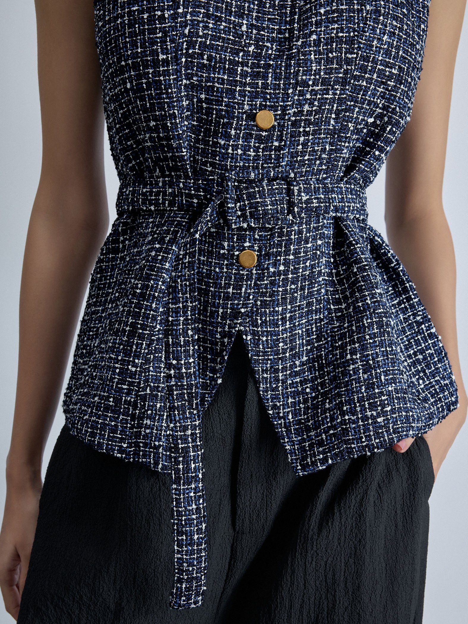 Navy Tweed Belted Waistcoat