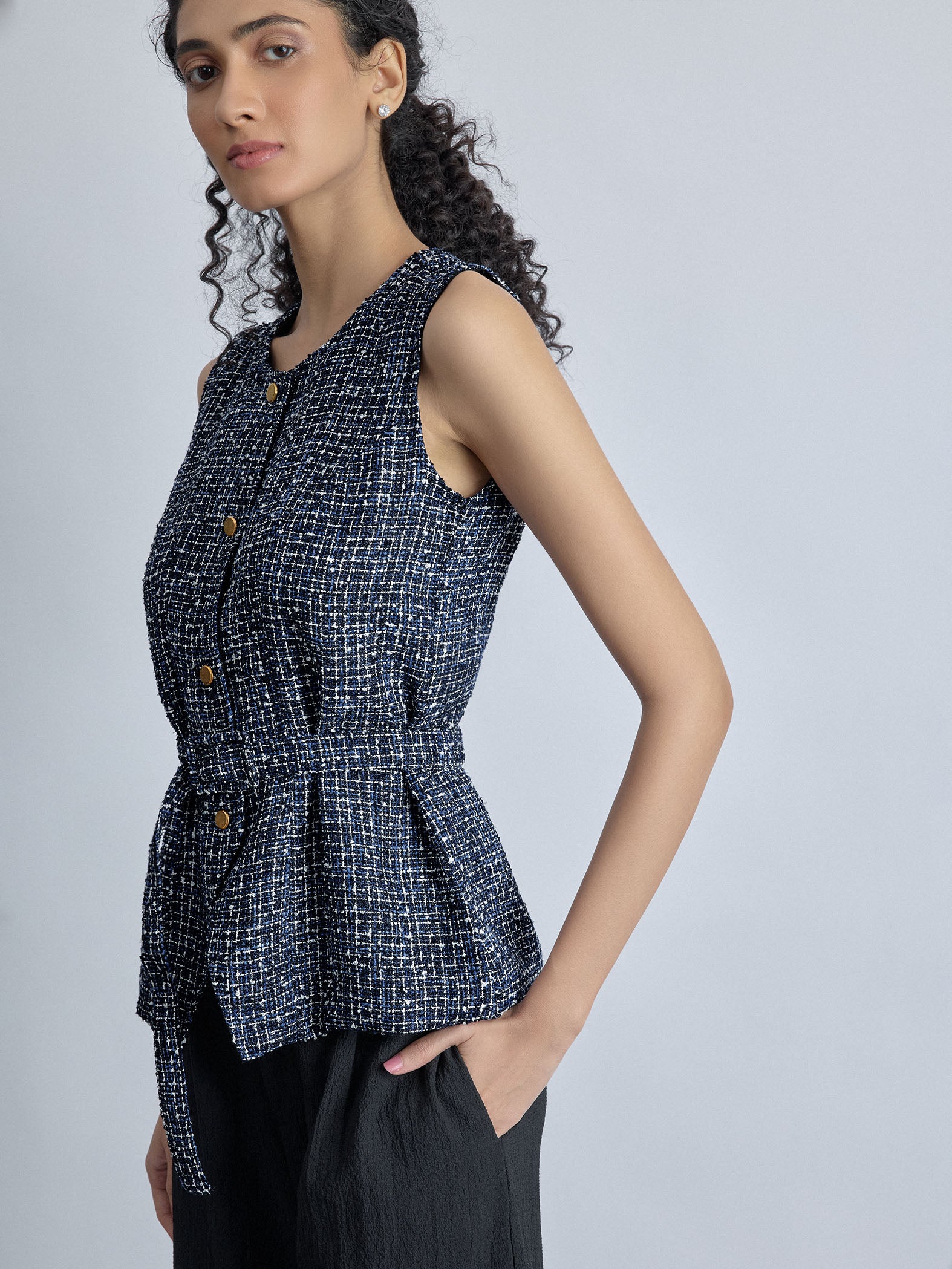 Navy Tweed Belted Waistcoat