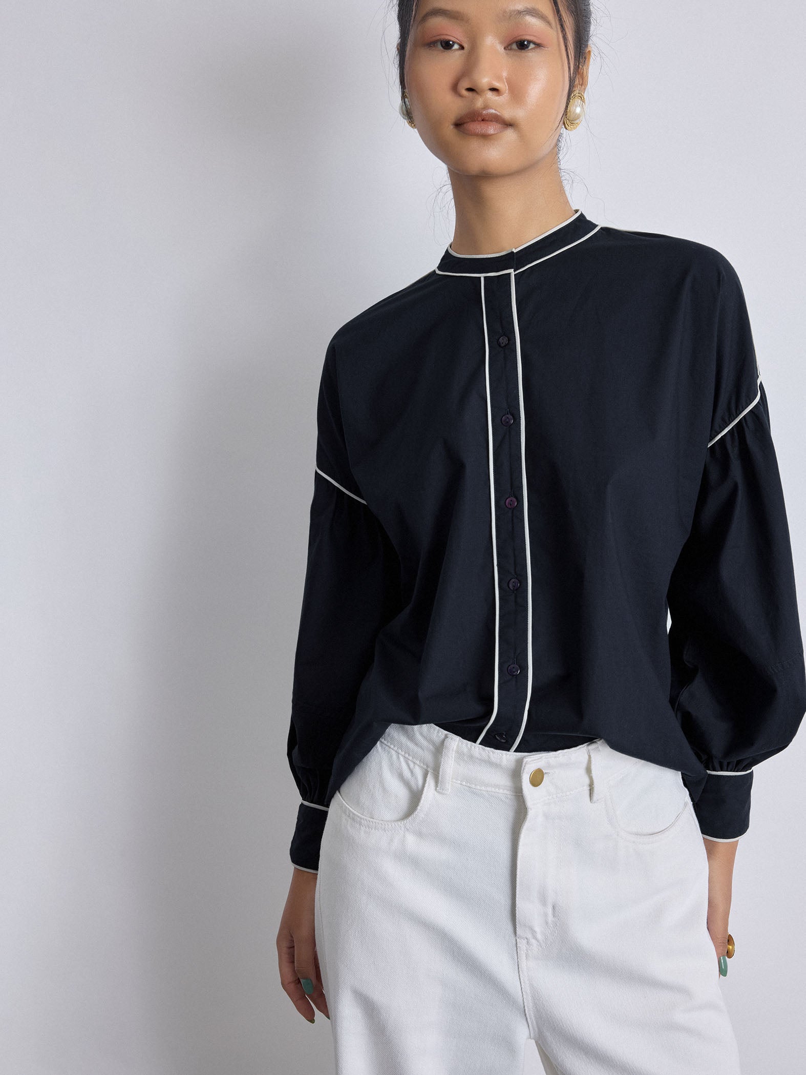 Navy & White Balloon Sleeve Shirt
