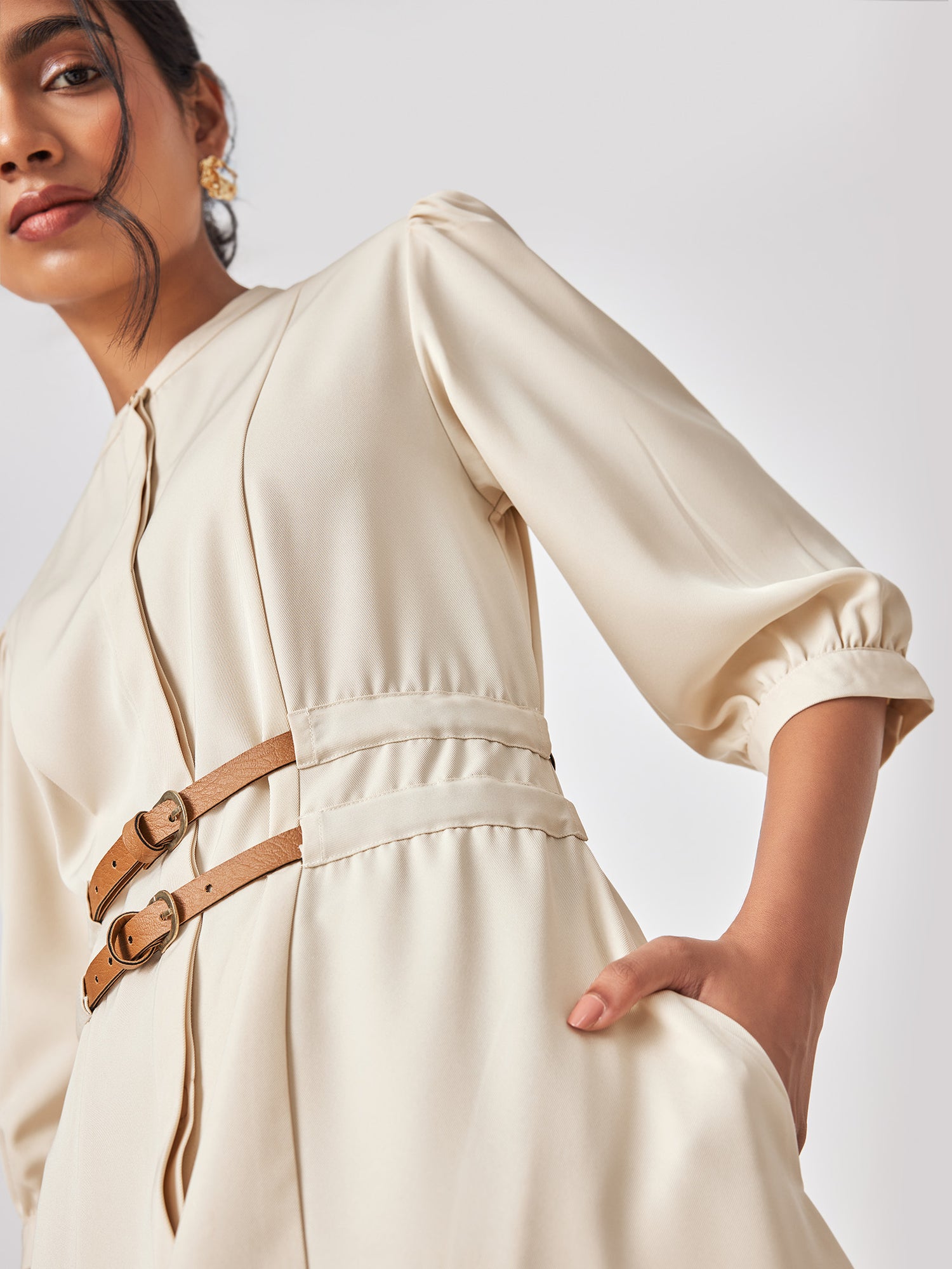 Off White Double Belted Dress
