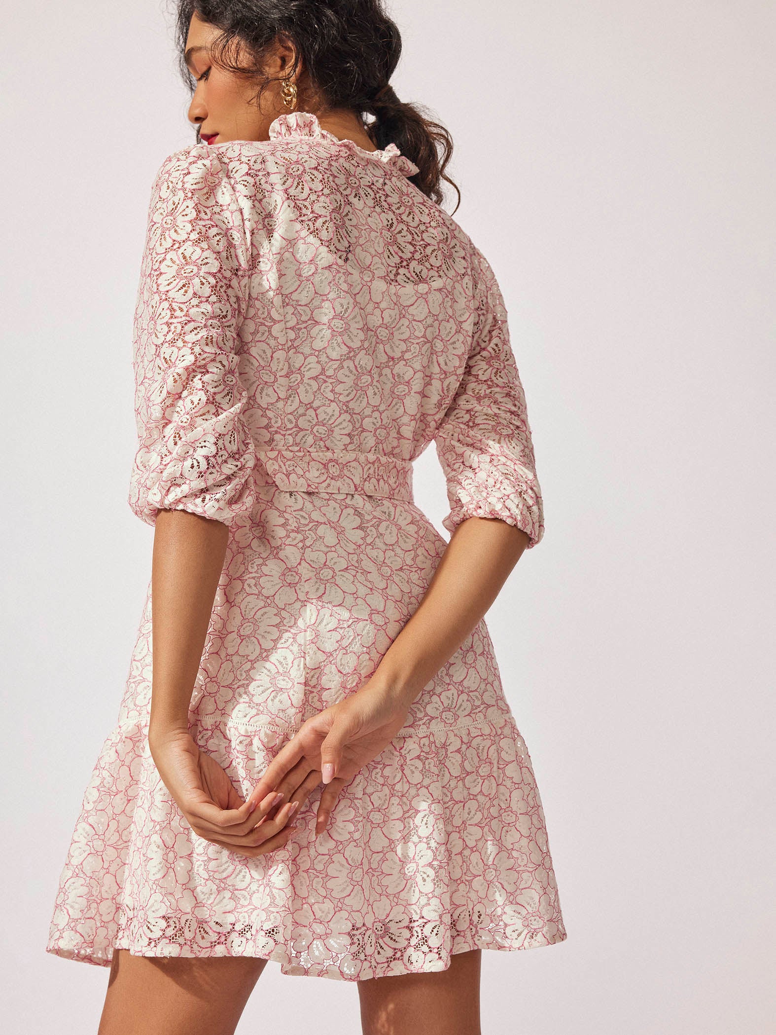 Off White Lace Belted Dress
