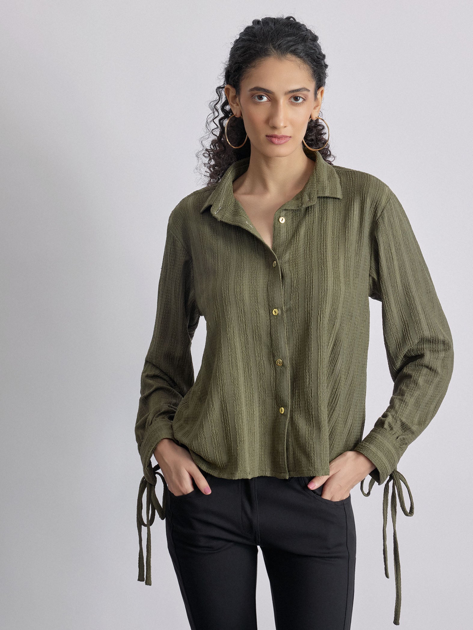 Olive Sleeve Tie Up Shirt