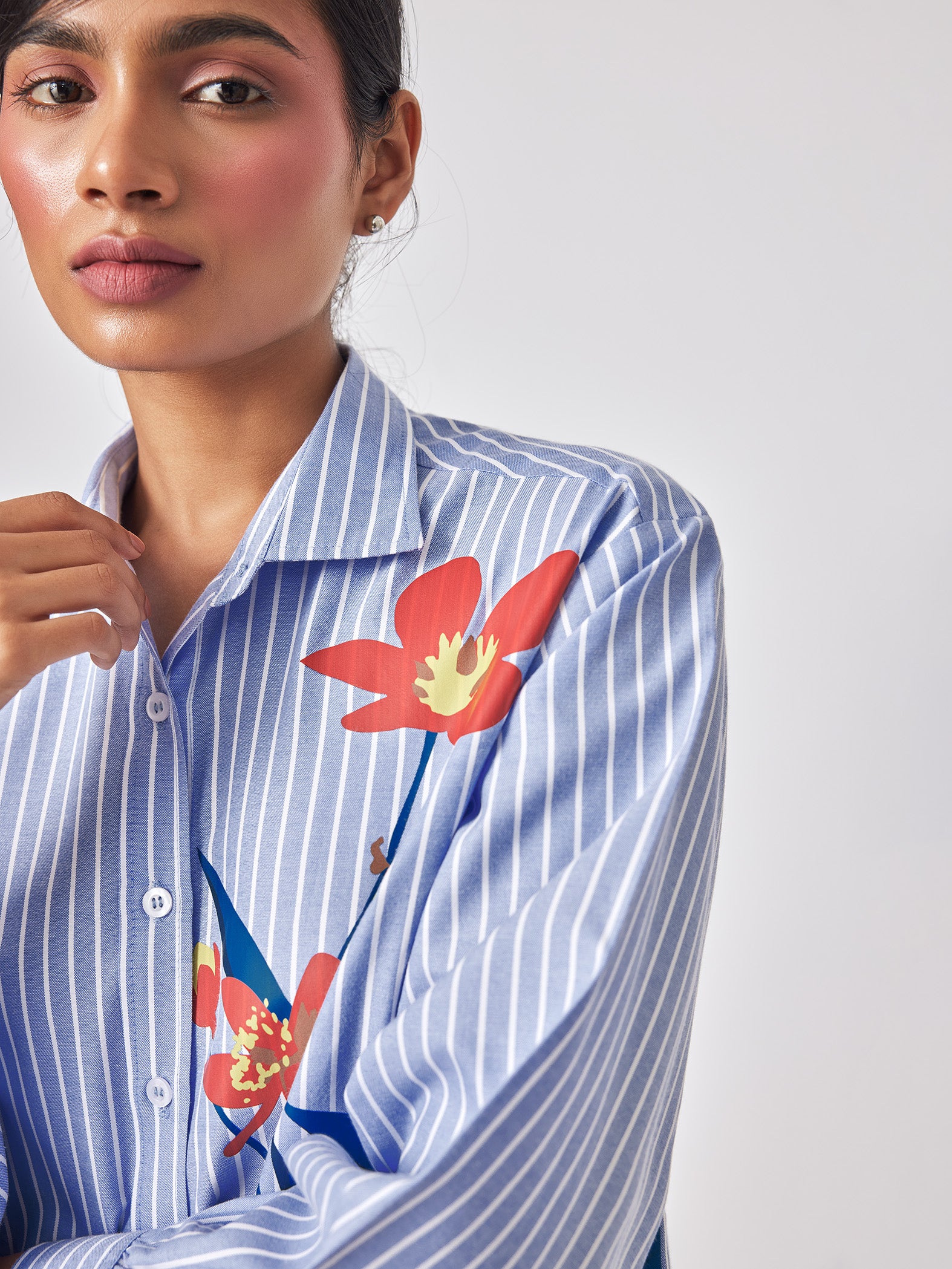 Hibiscus Print Detail Striped Shirt
