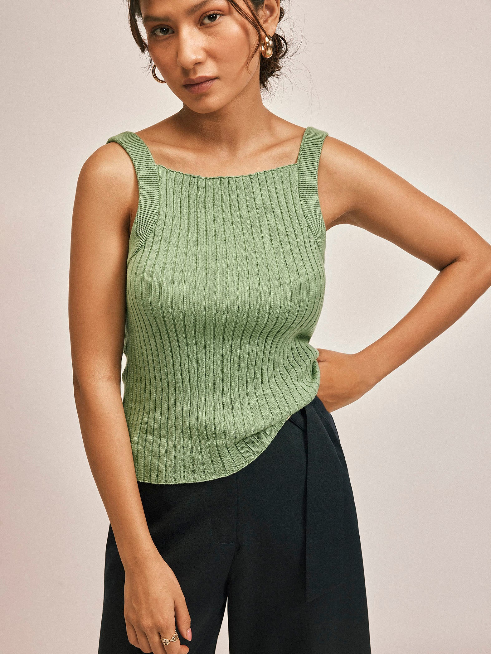 Sage strappy ribbed knit top