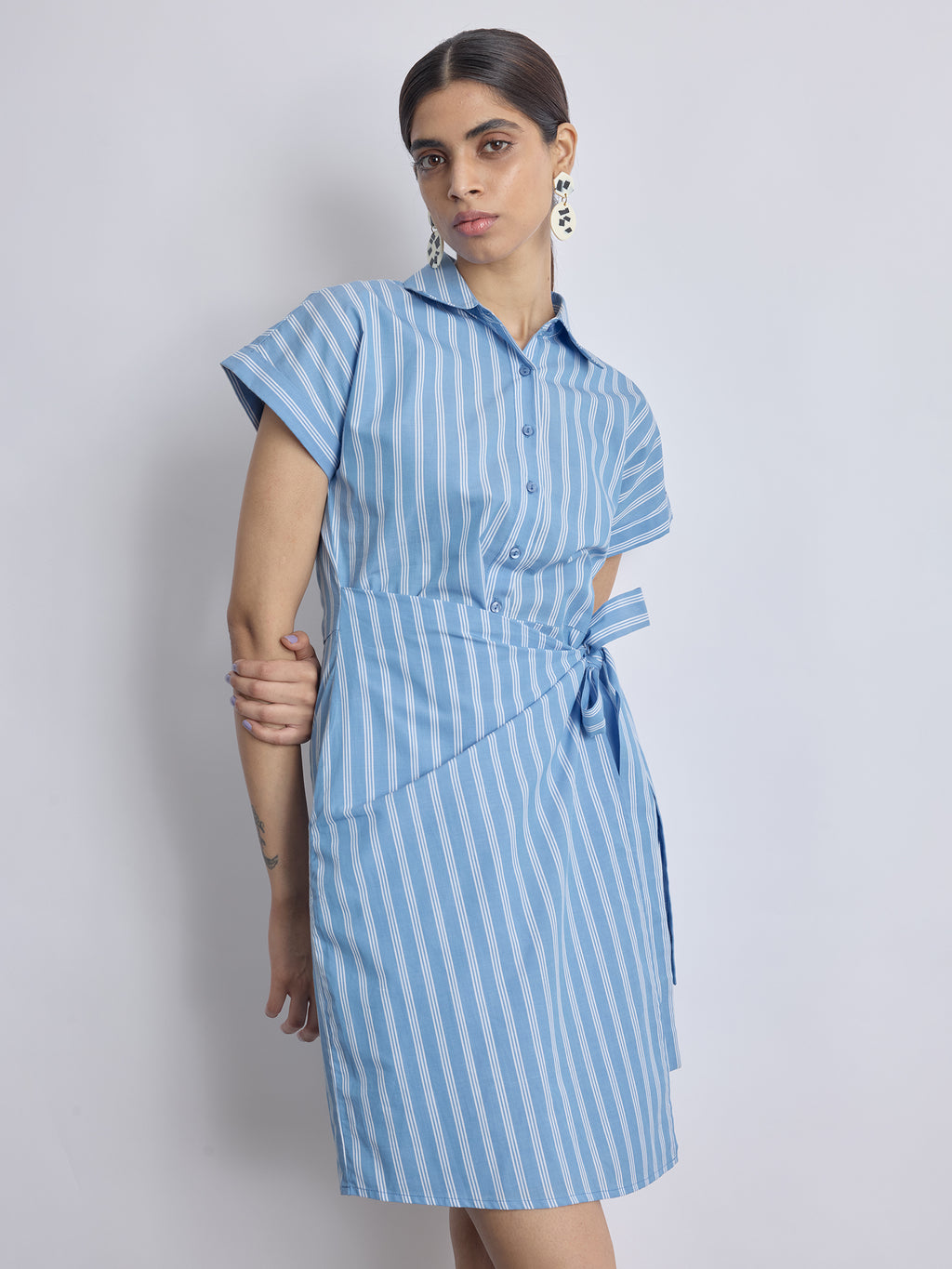 Sky Striped Wrap Tie Shirt Dress