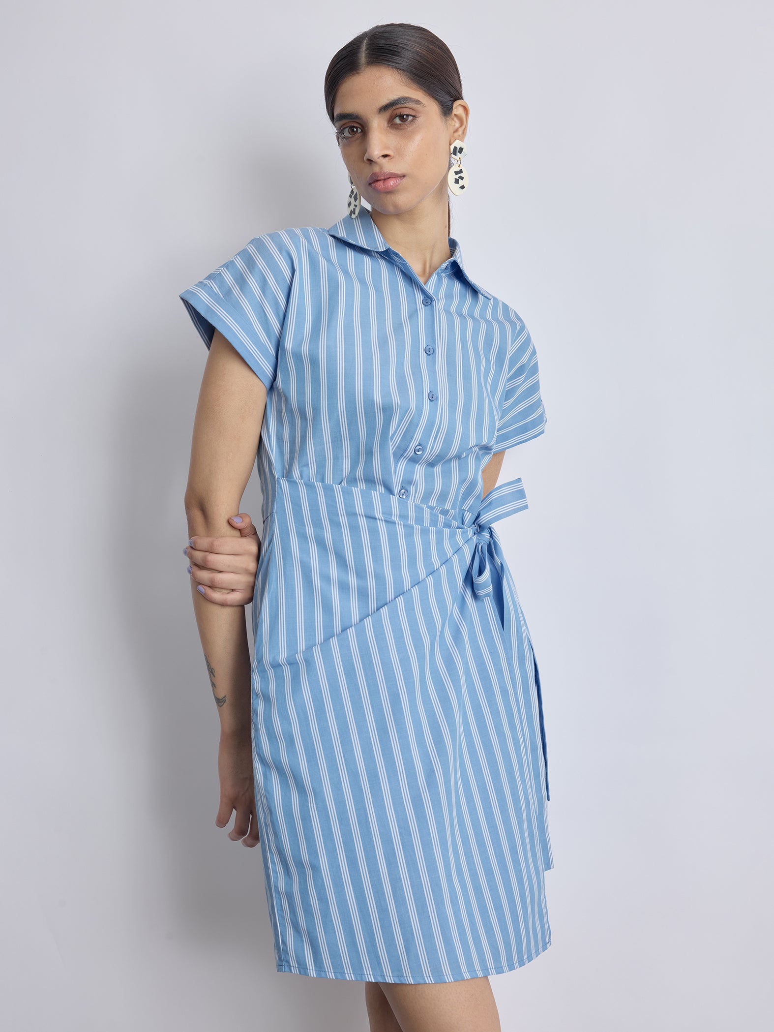 Sky Striped Wrap Tie Shirt Dress