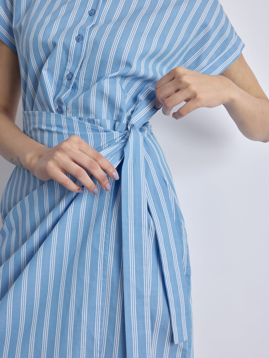 Sky Striped Wrap Tie Shirt Dress