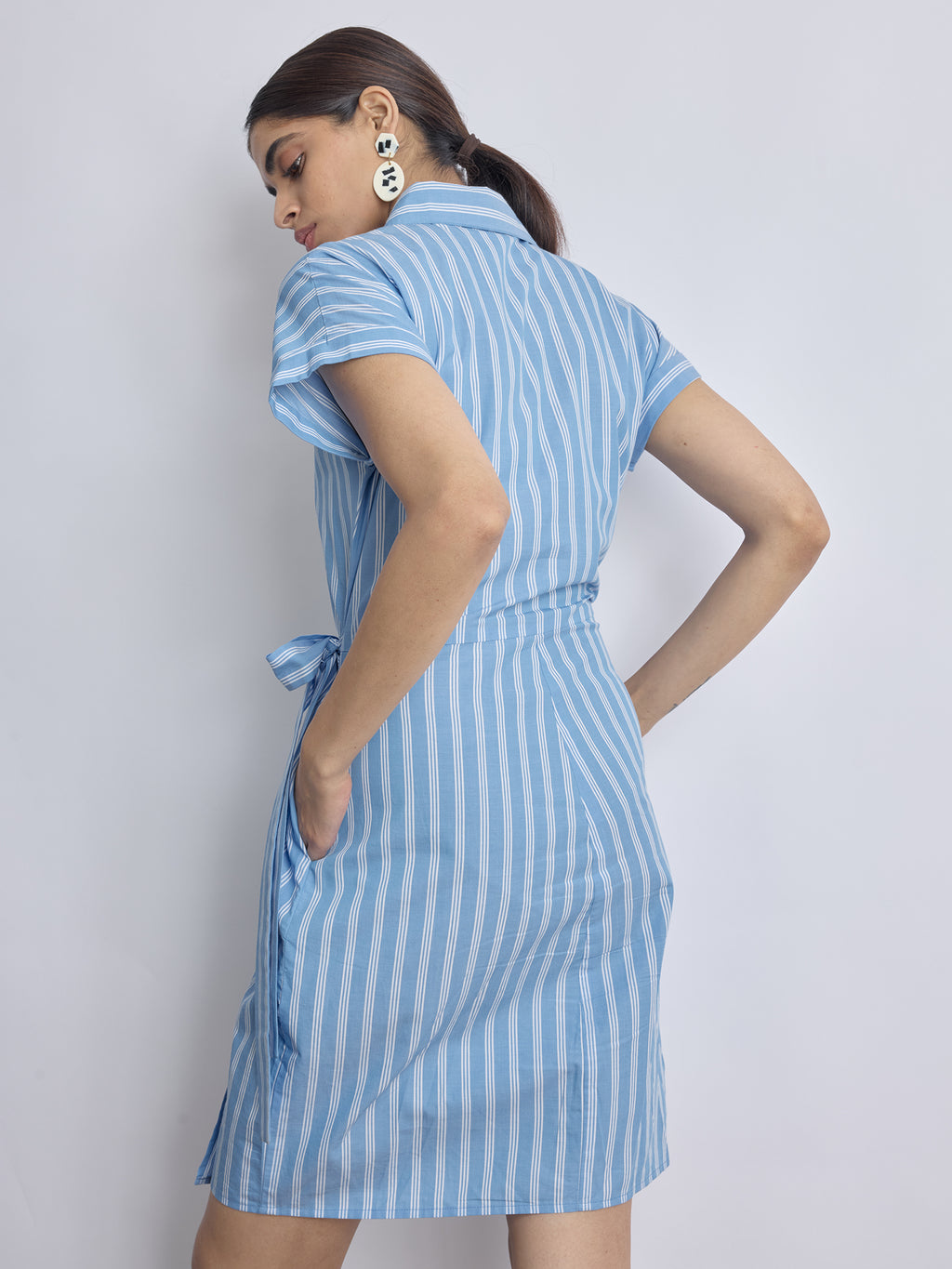 Sky Striped Wrap Tie Shirt Dress