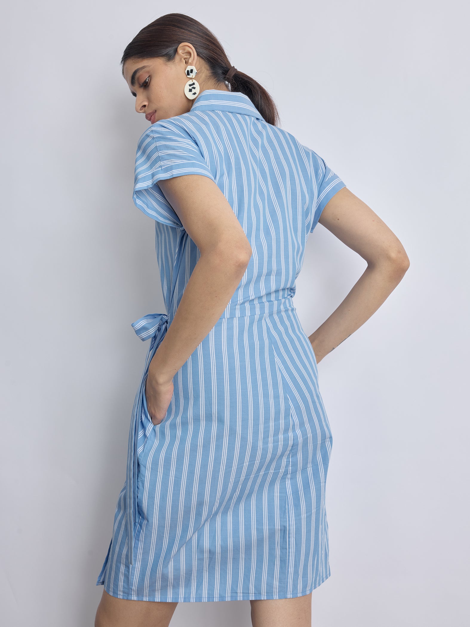 Sky Striped Wrap Tie Shirt Dress