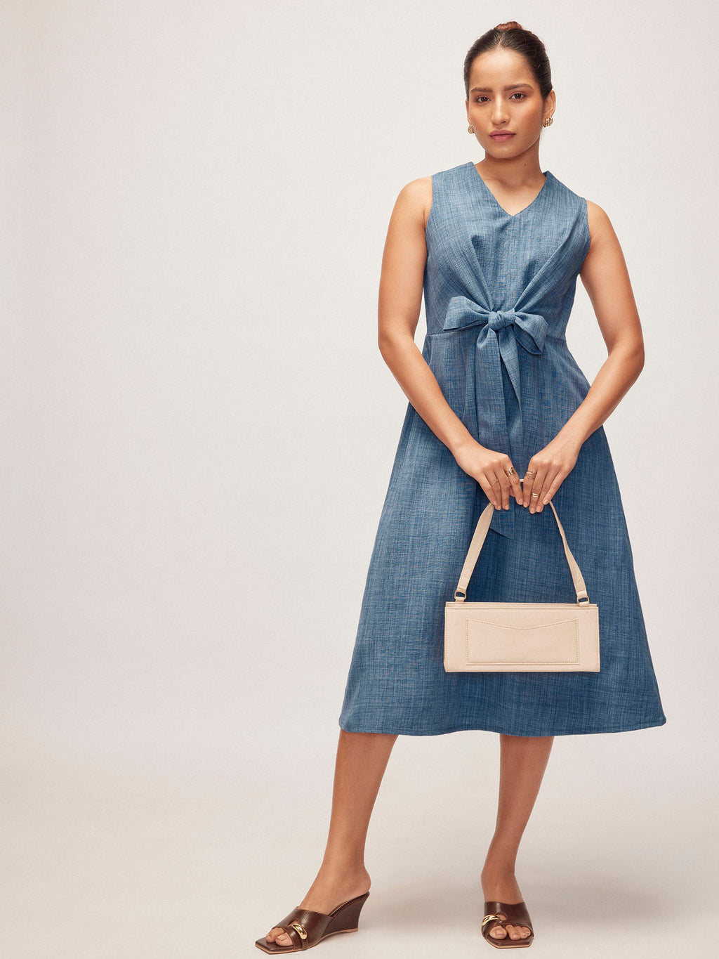 Slate Blue Linen Front Tie Dress