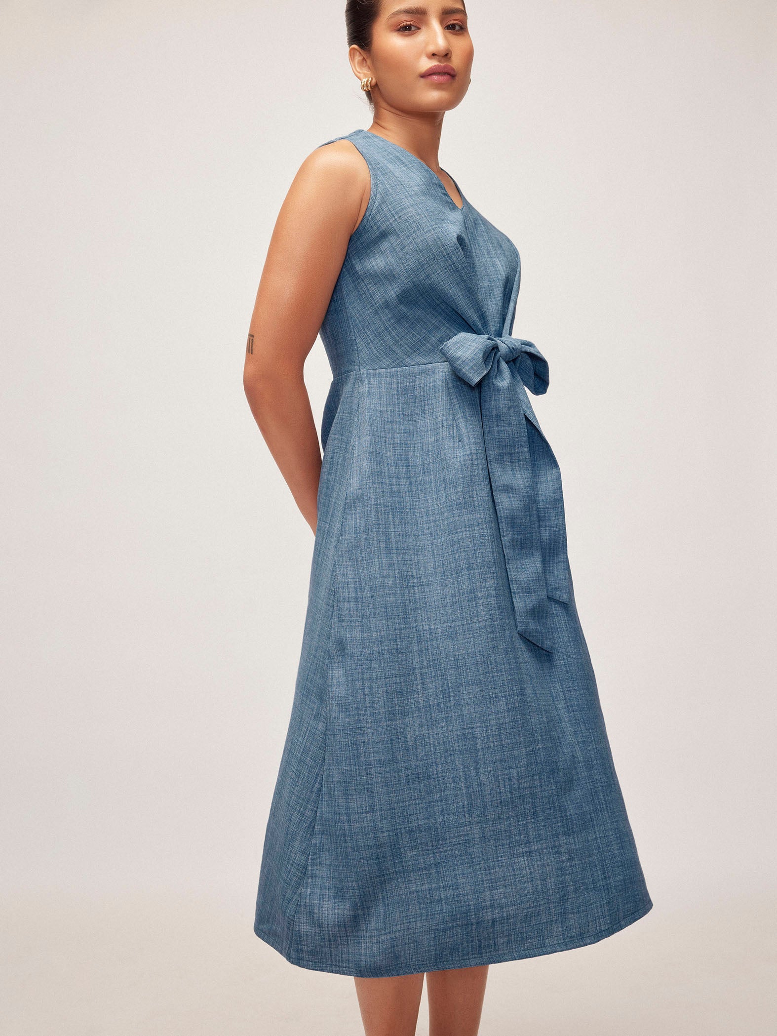 Slate Blue Linen Front Tie Dress