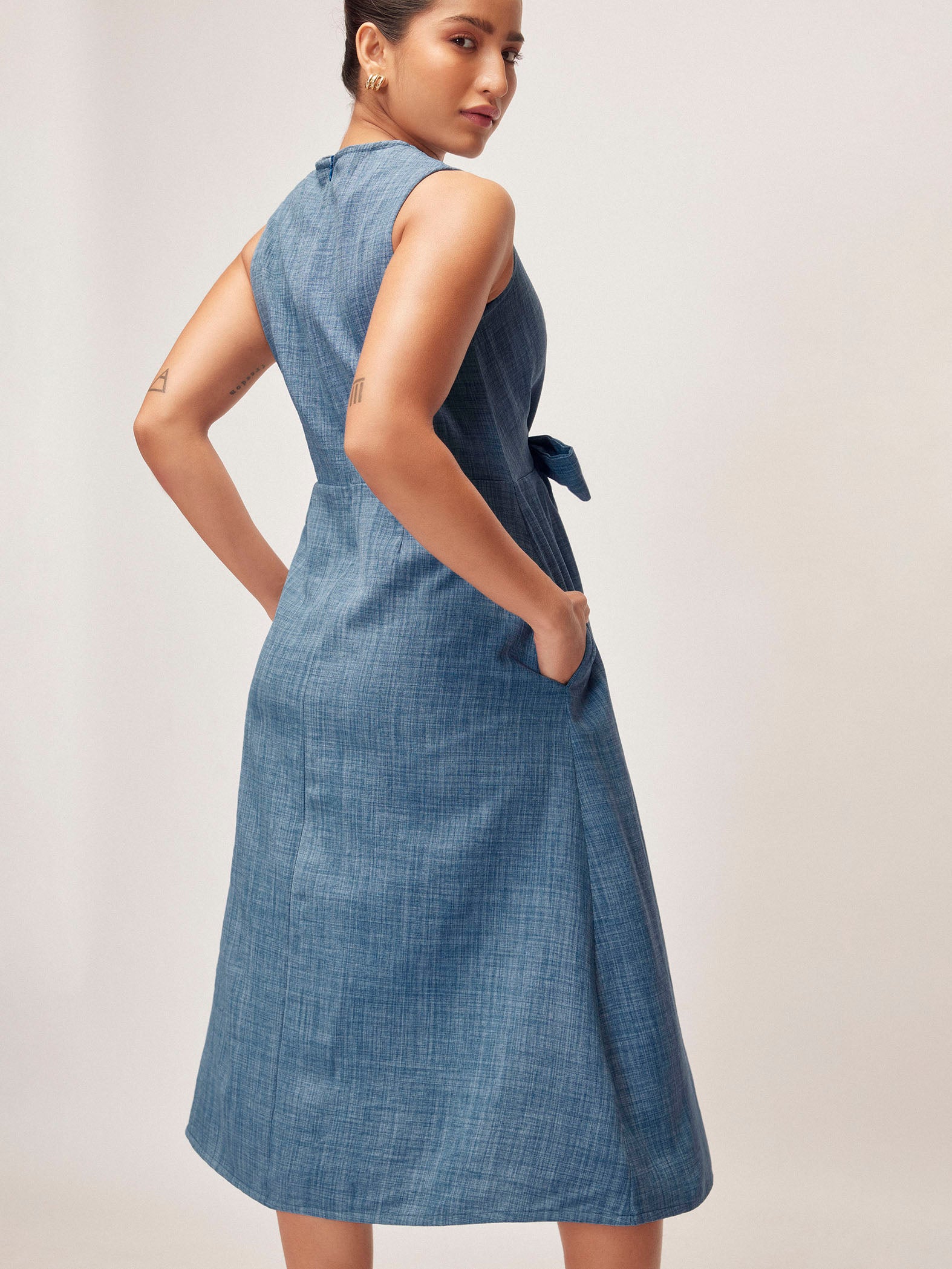 Slate Blue Linen Front Tie Dress