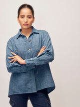 Slate Blue Linen Gold Button Top