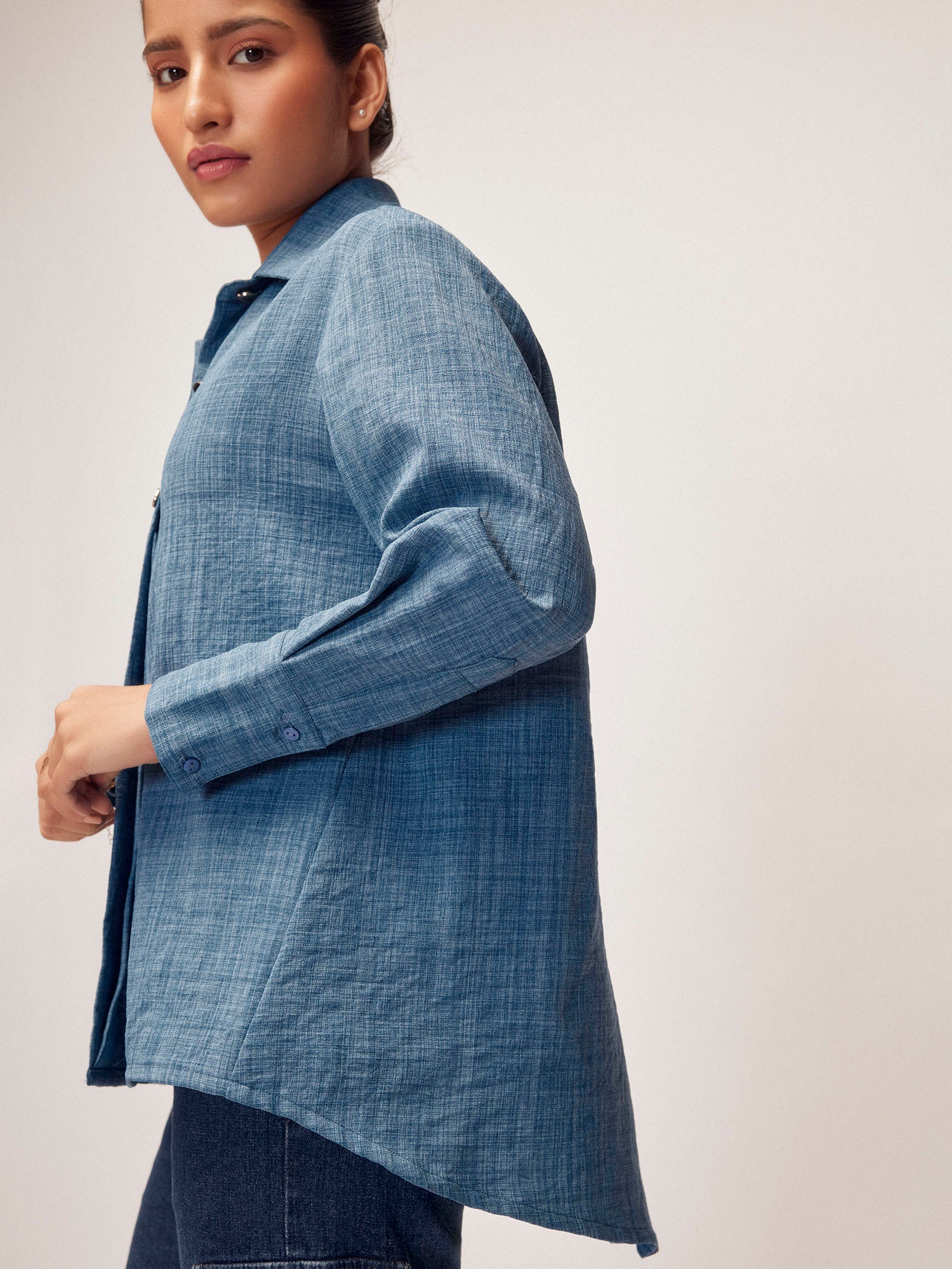 Slate Blue Linen Gold Button Top