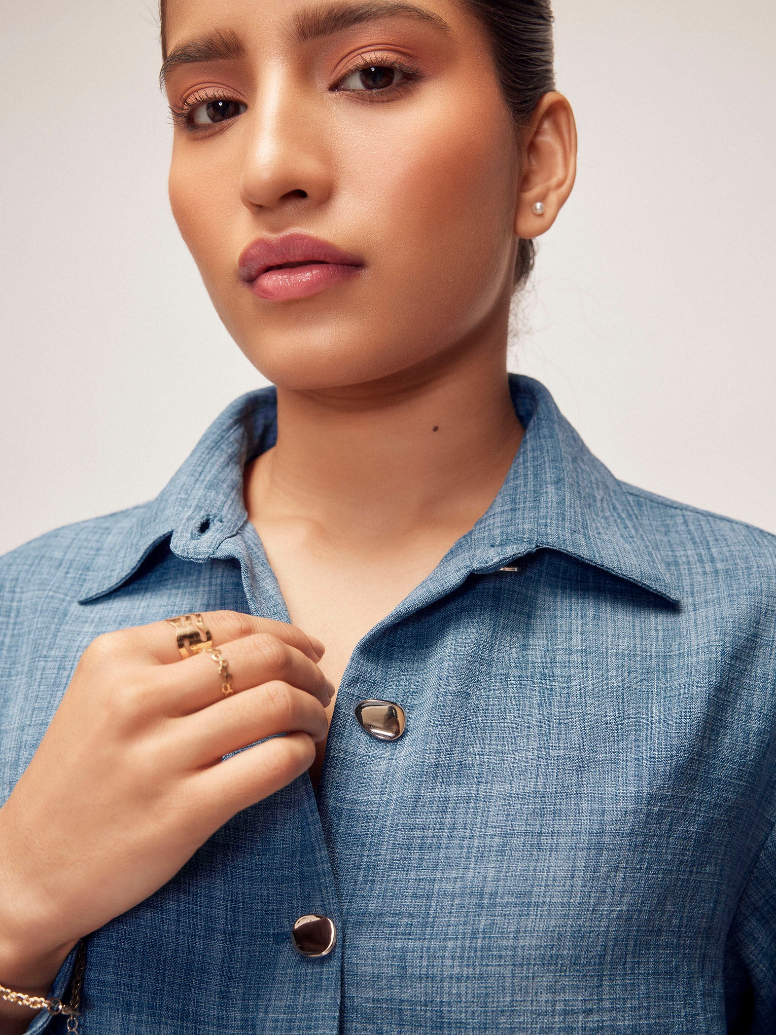 Slate Blue Linen Gold Button Top