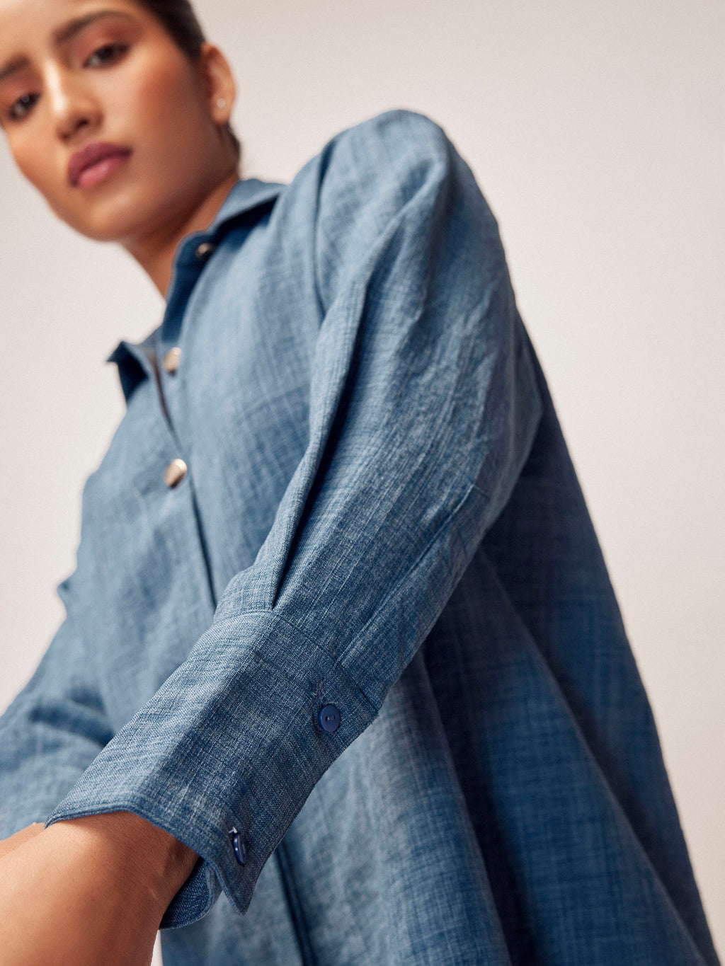 Slate Blue Linen Gold Button Top