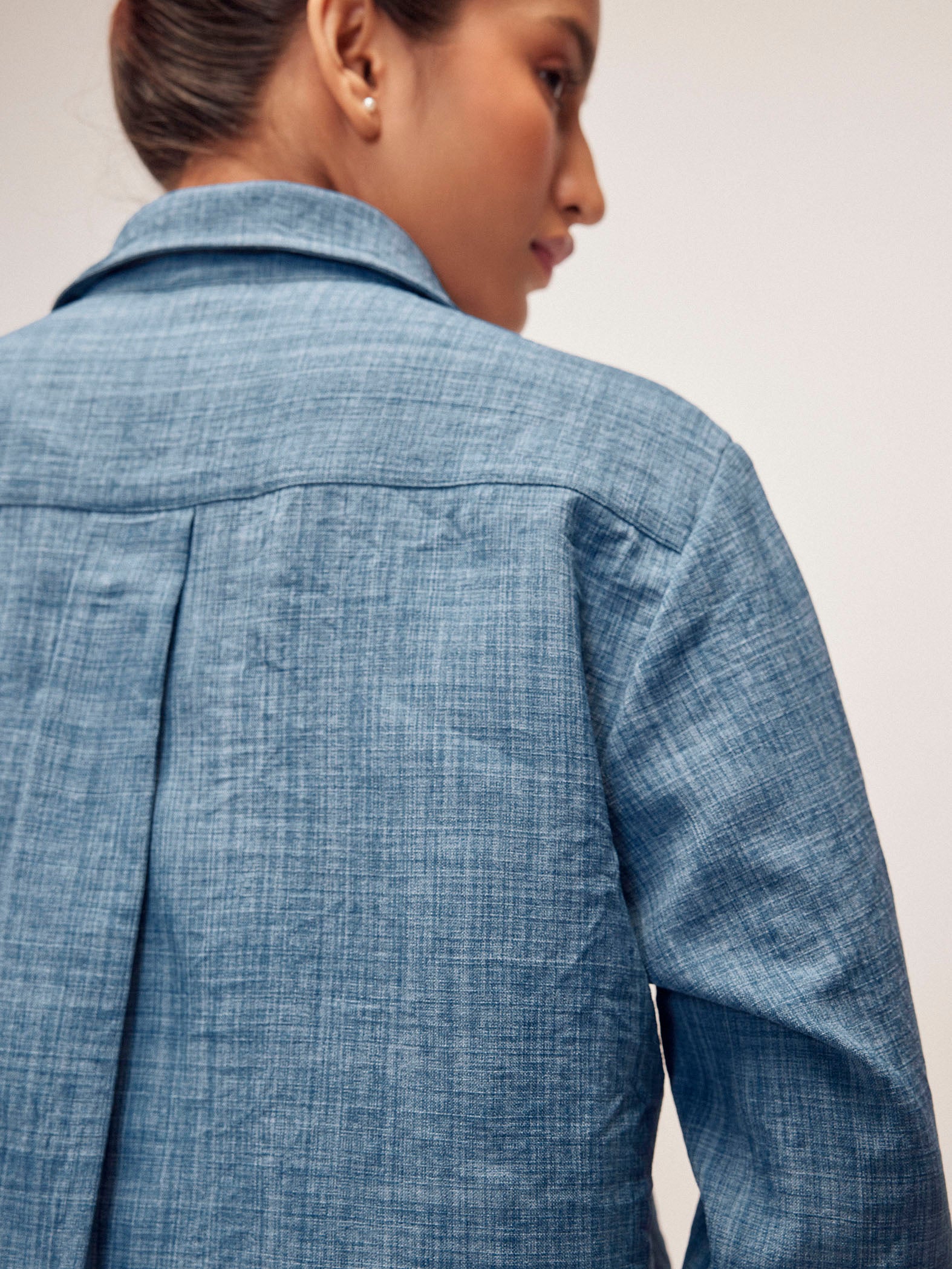 Slate Blue Linen Gold Button Top