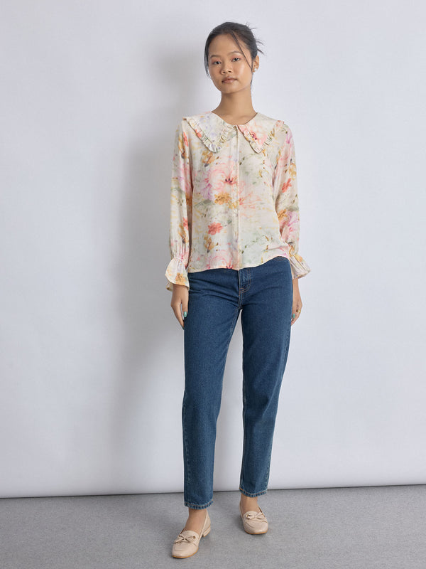 Spring Floral Ruffle Collar Shirt