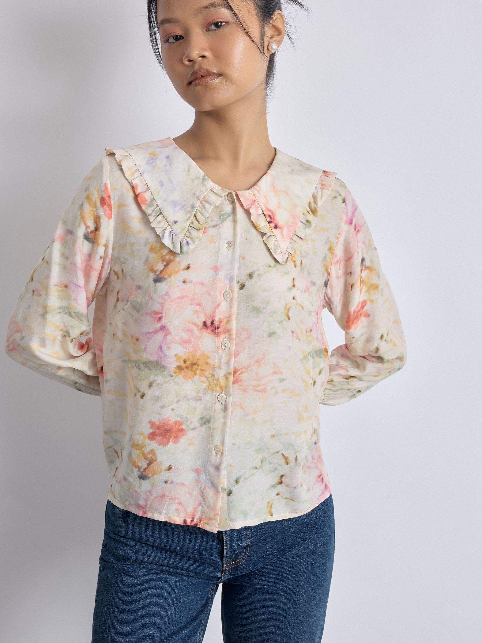 Spring Floral Ruffle Collar Shirt