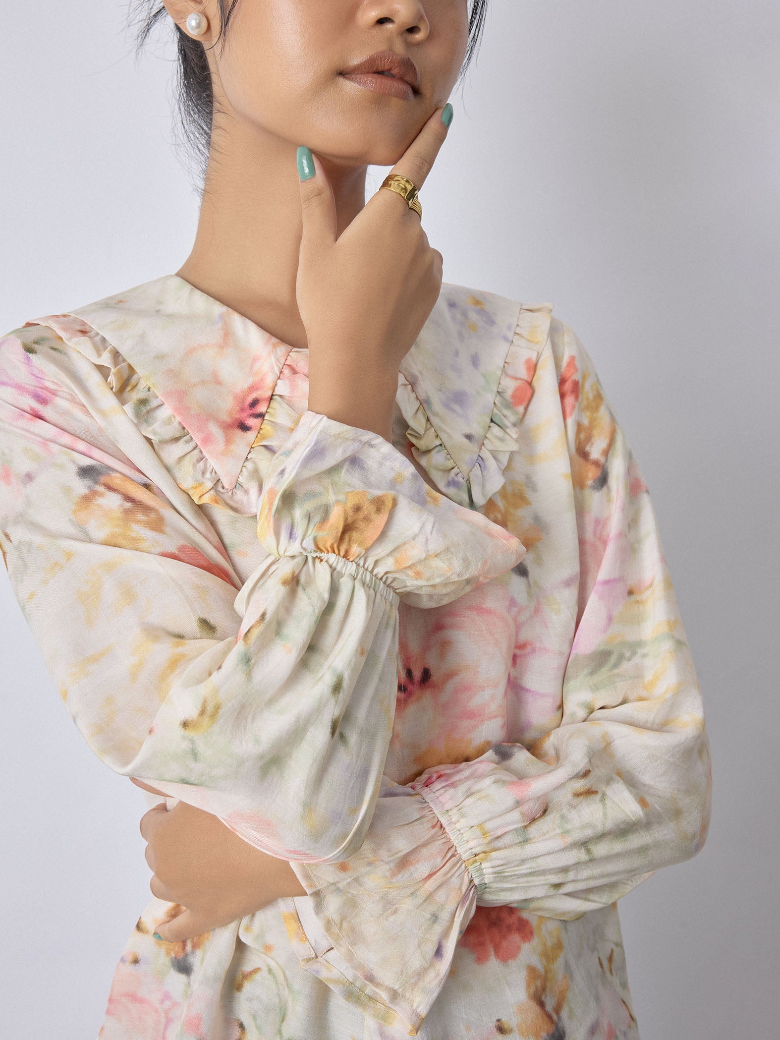 Spring Floral Ruffle Collar Shirt