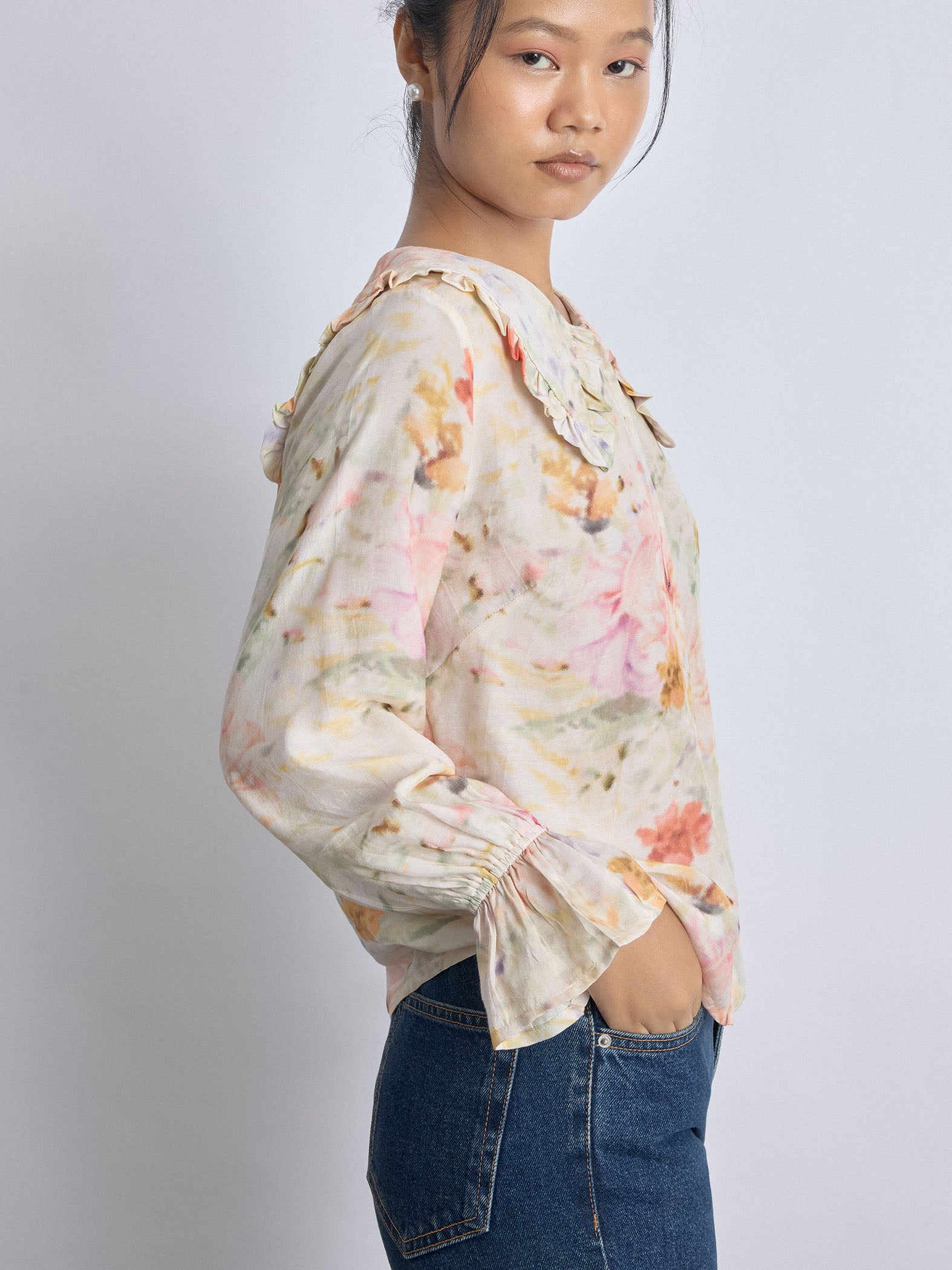 Spring Floral Ruffle Collar Shirt
