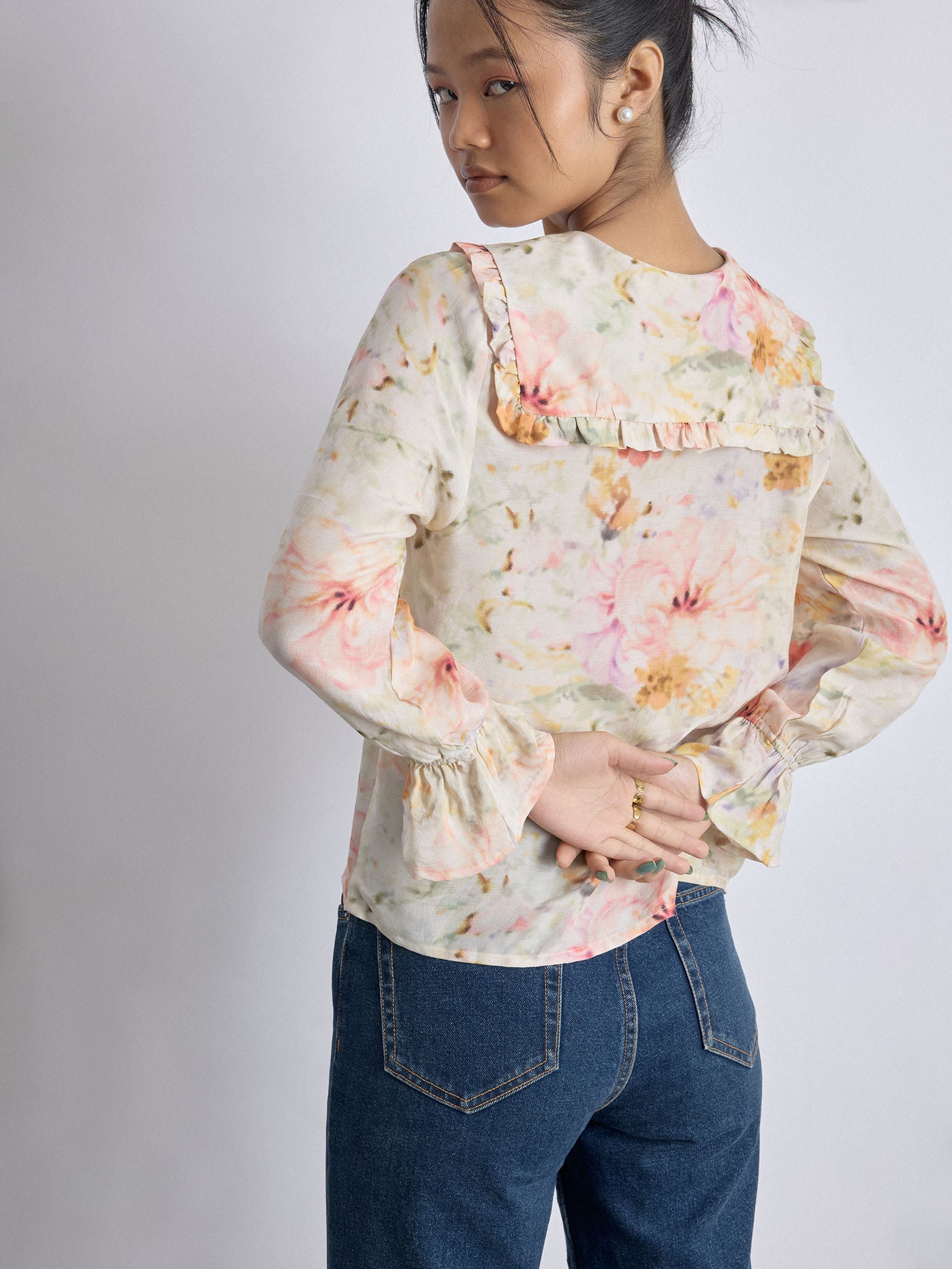 Spring Floral Ruffle Collar Shirt