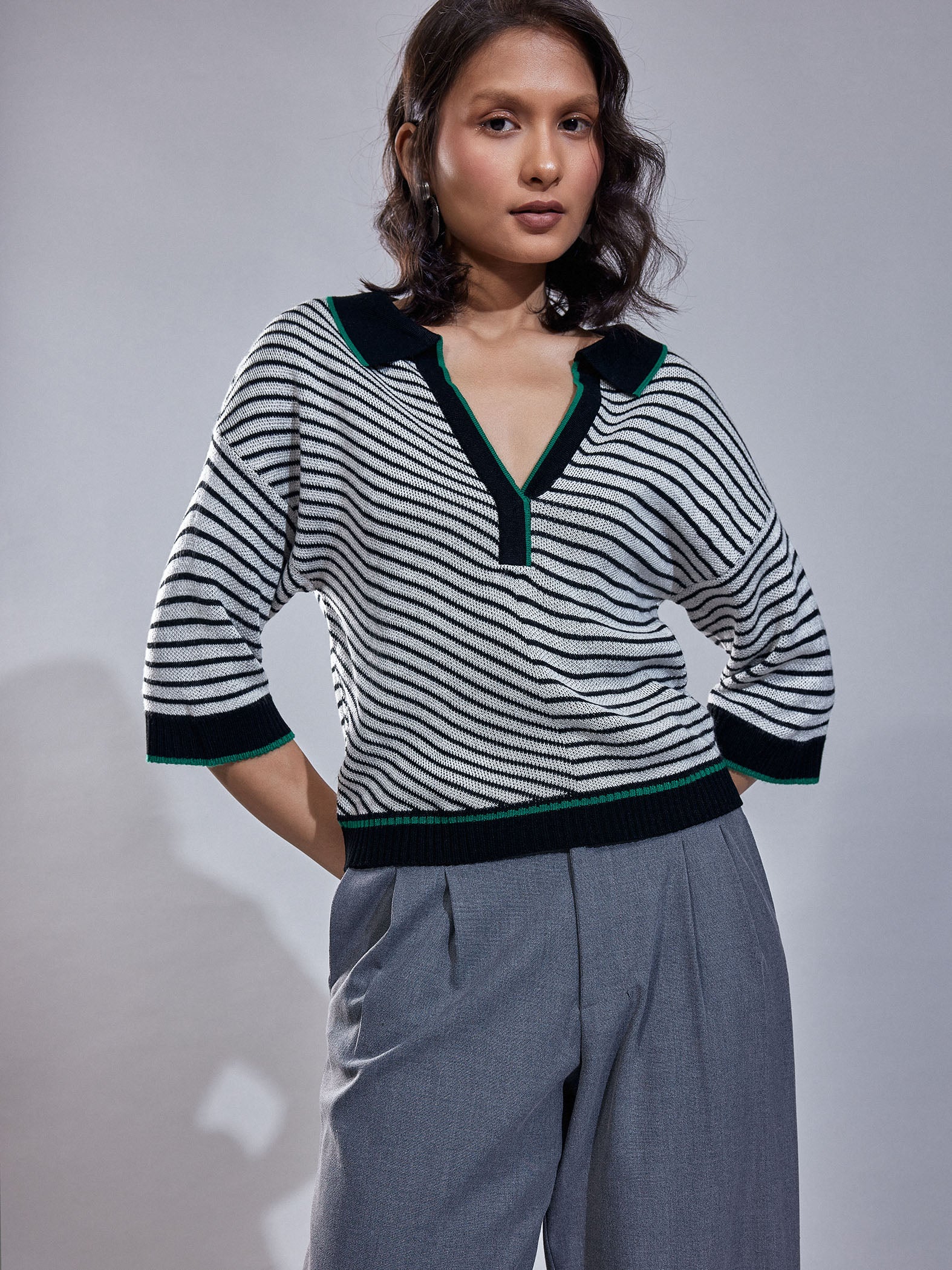 Striped Jacquard Knit Collared Top