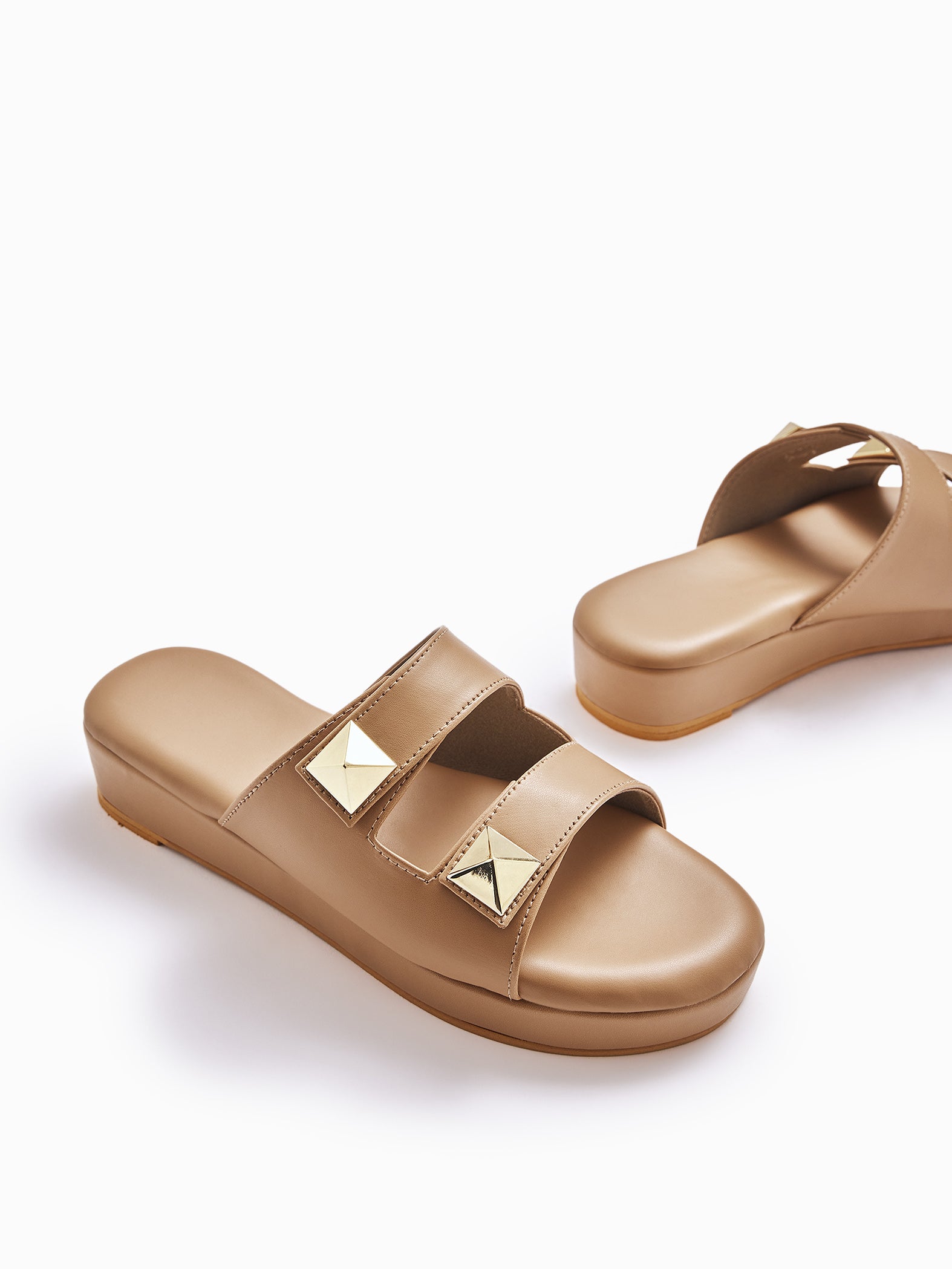 Tan Studded Cut Out Strap Sliders