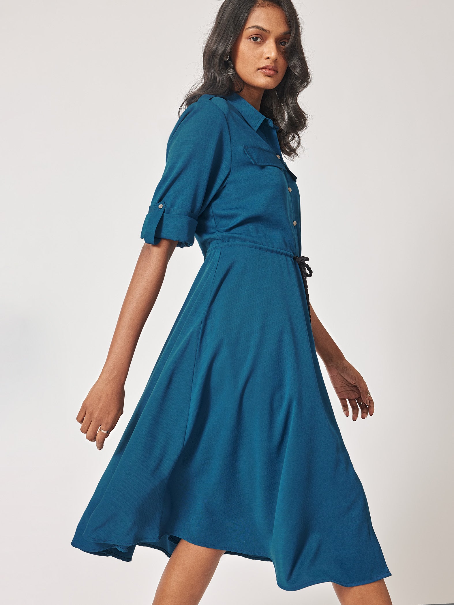 Teal Blue Drawstring Midi Dress