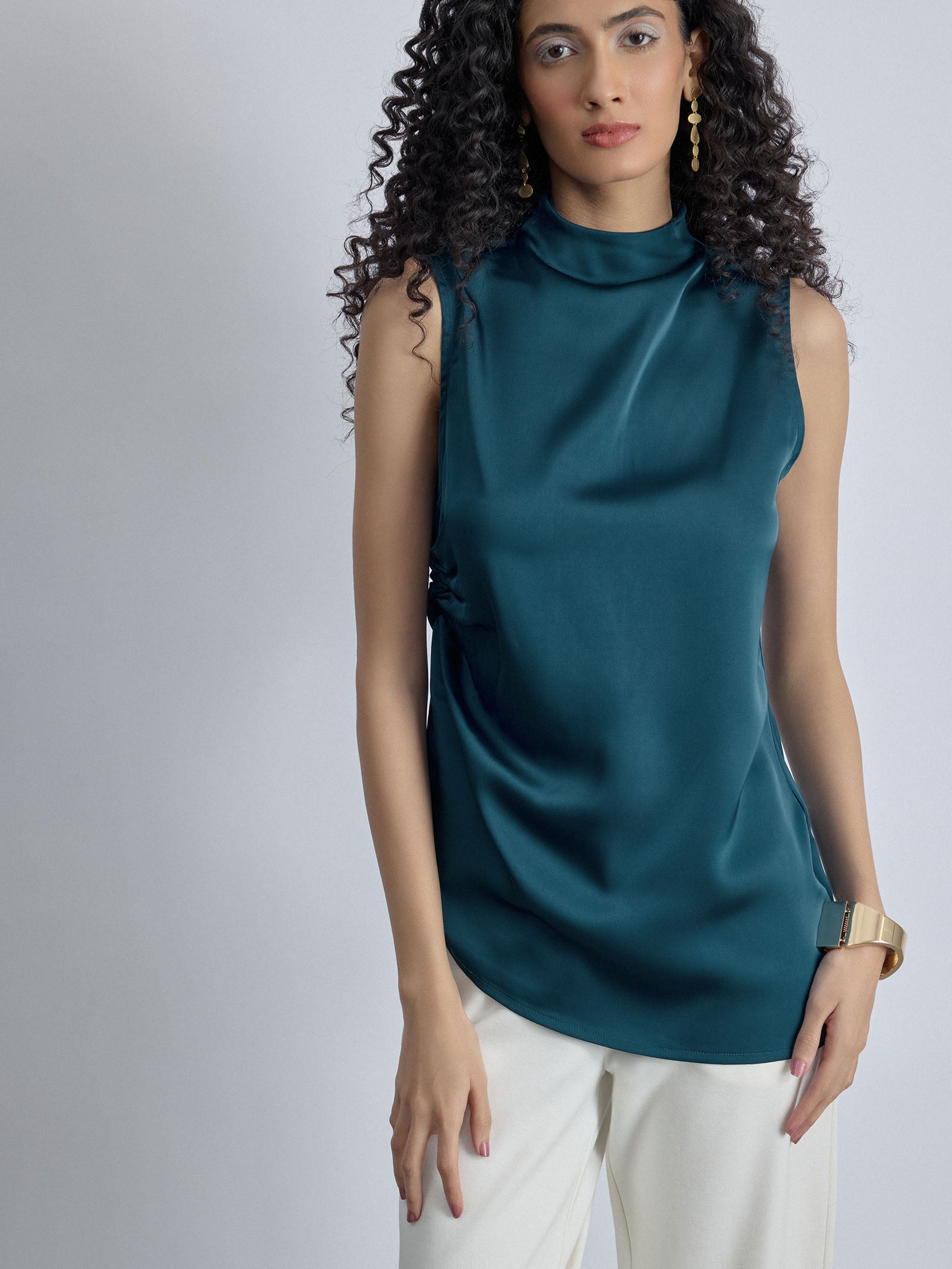 Teal Satin Ruched Top