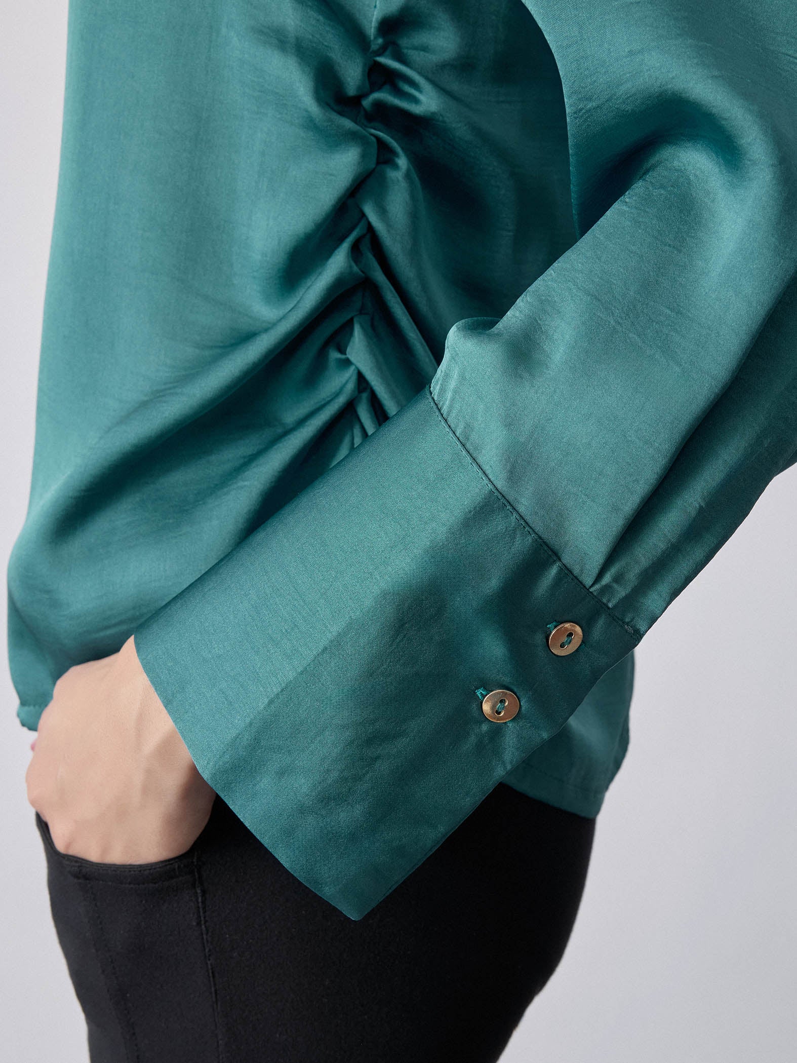 Teal Satin Side Ruched Shirt