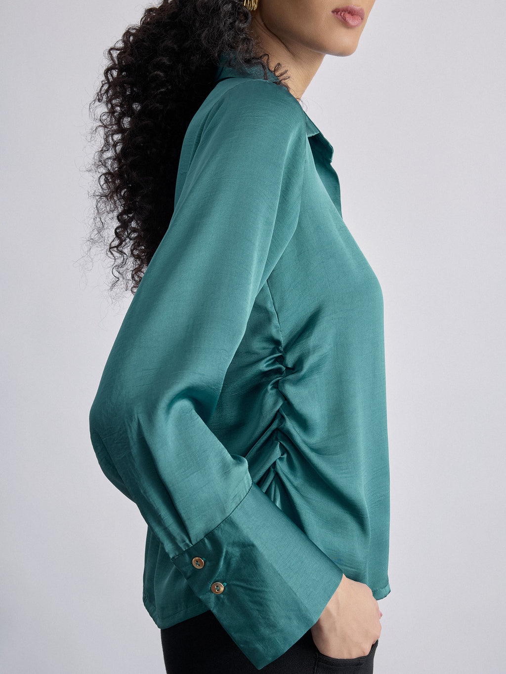 Teal Satin Side Ruched Shirt