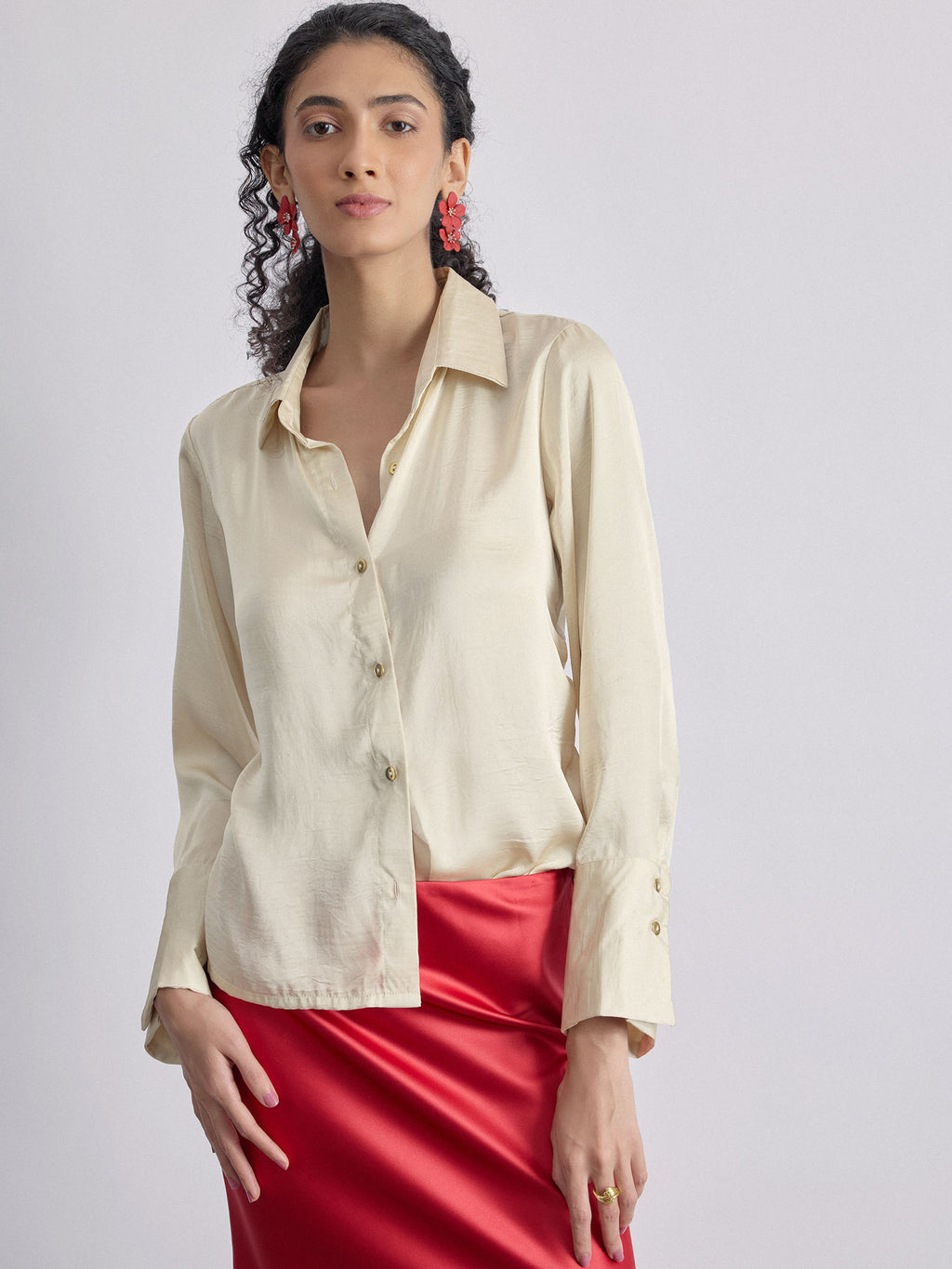 Vanilla Satin Side Ruched Shirt