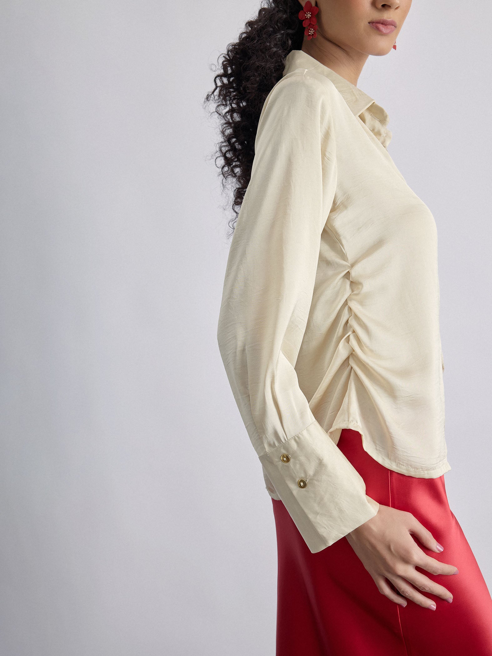 Vanilla Satin Side Ruched Shirt