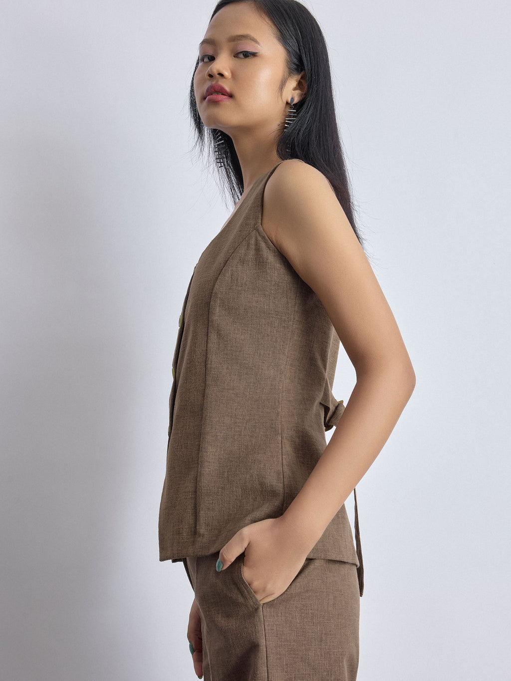 Walnut Linen Long Waistcoat