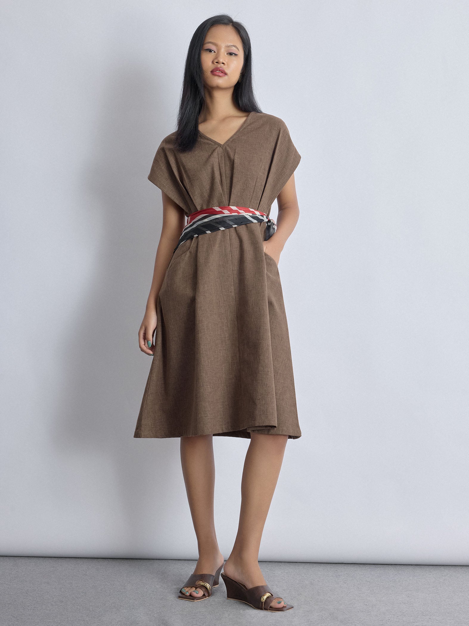 Walnut Linen Pleated Dress