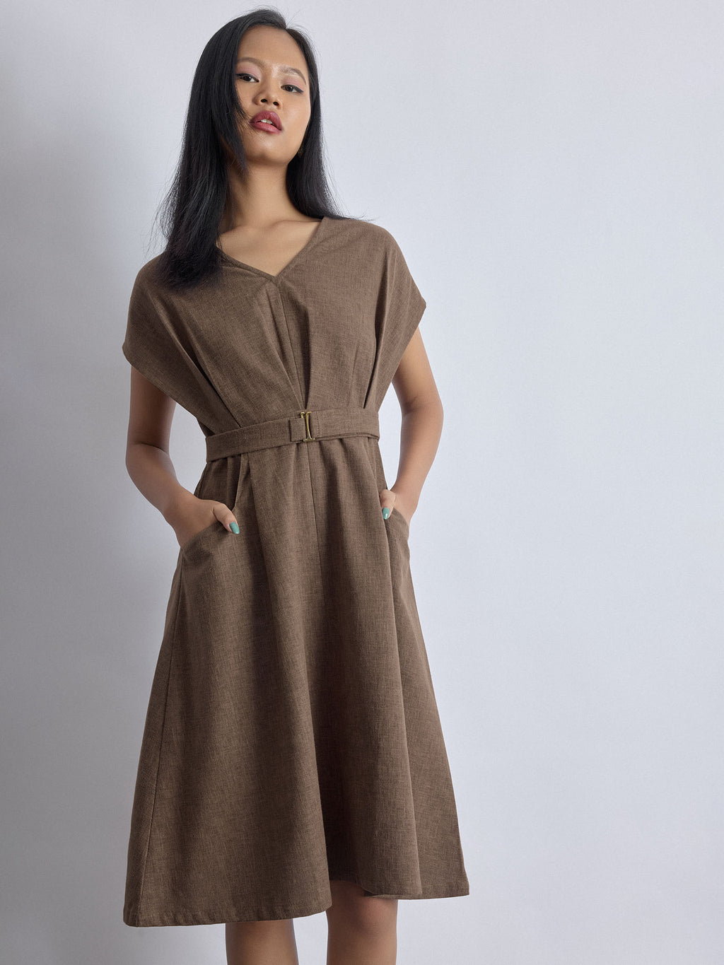 Walnut Linen Pleated Dress