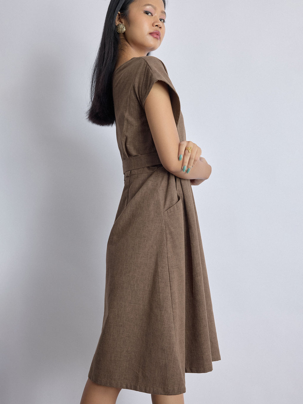 Walnut Linen Pleated Dress