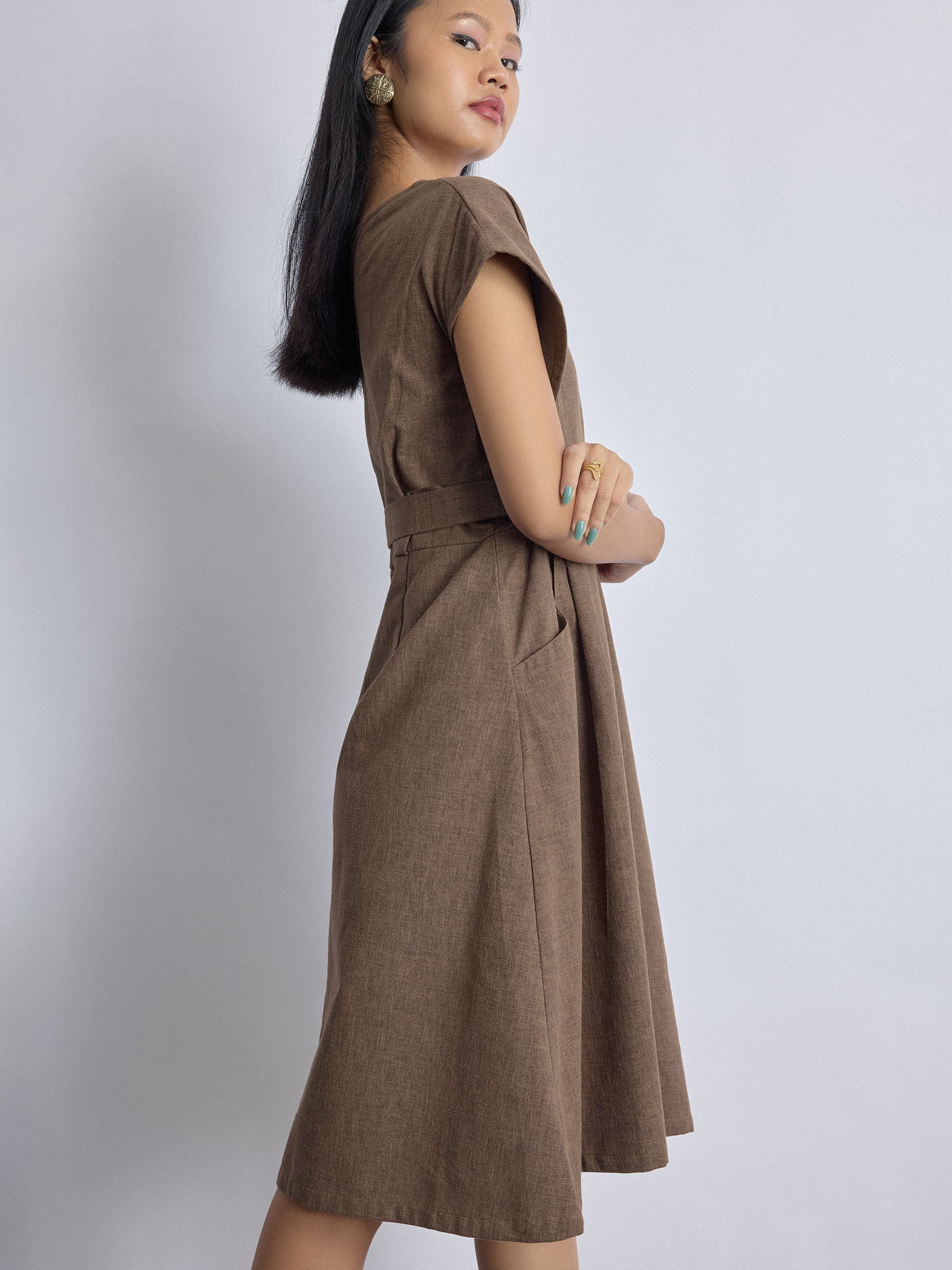 Walnut Linen Pleated Dress